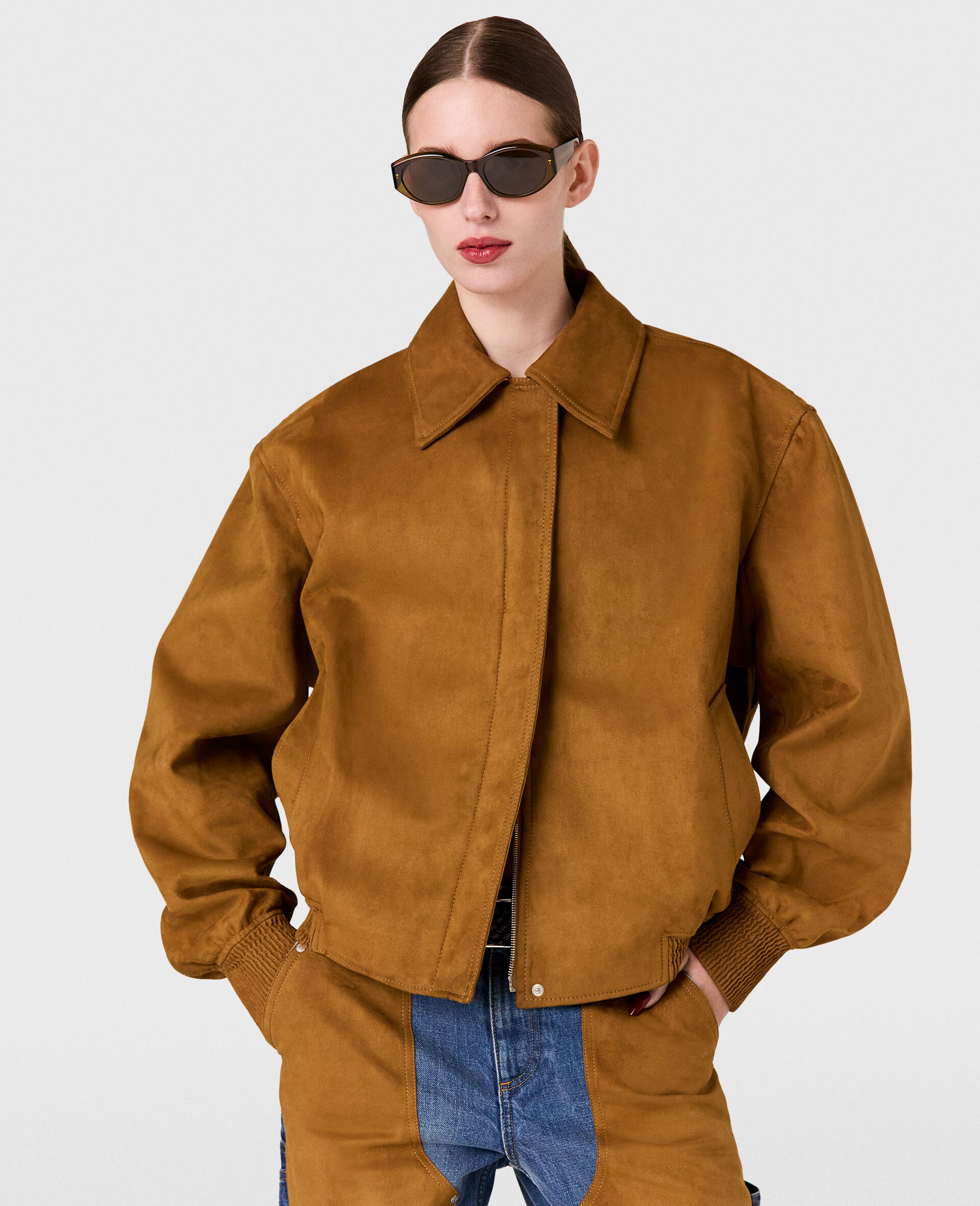 Boxy Collared Bomber Jacket-Brown-medium