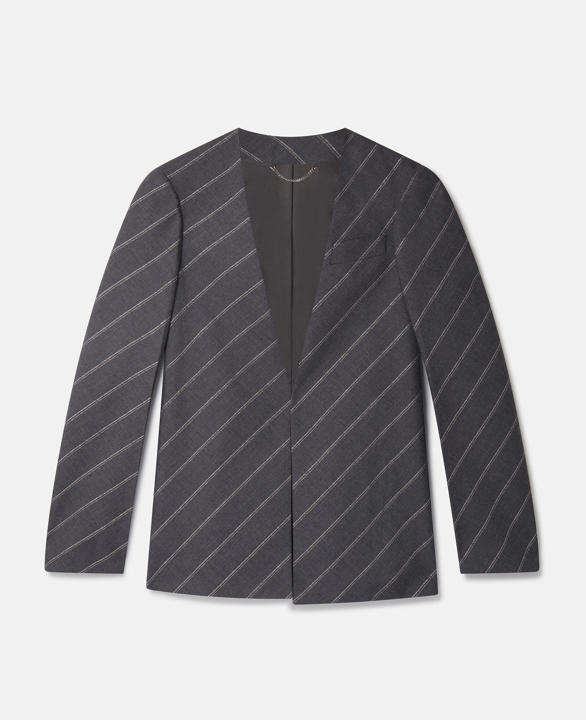 Pinstripe Slim Fit Collarless Jacket-Grey-large