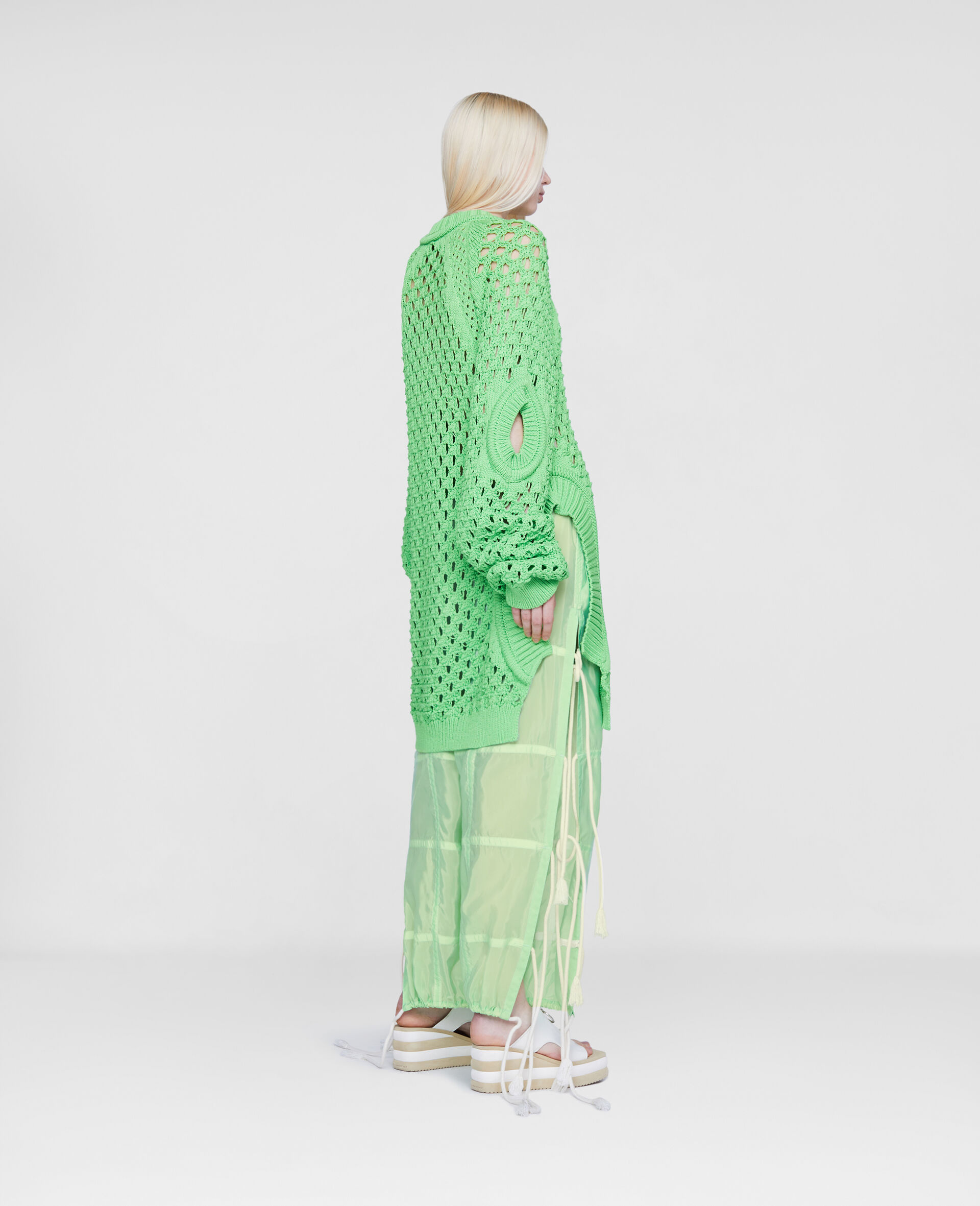 Oversized Textured Mesh Sweater-Green-large image number 2