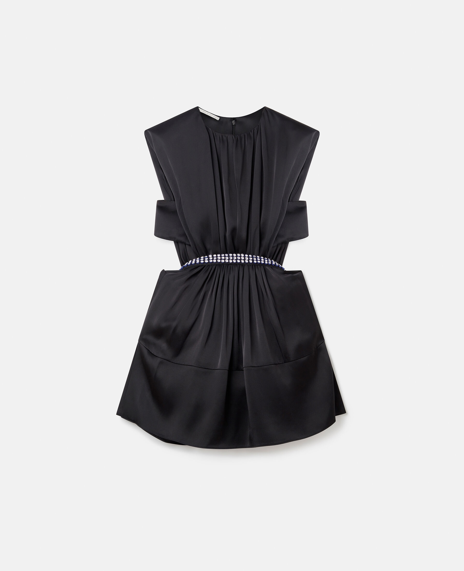 Belted Pleat Front Double Satin Mini Dress-Black-large image number 0