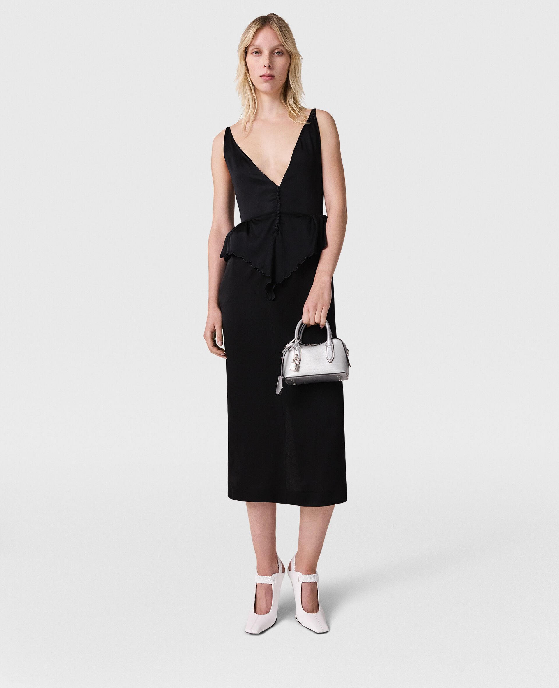 Deep V-Neck Peplum Panel Midi Dress-Black-large image number 0
