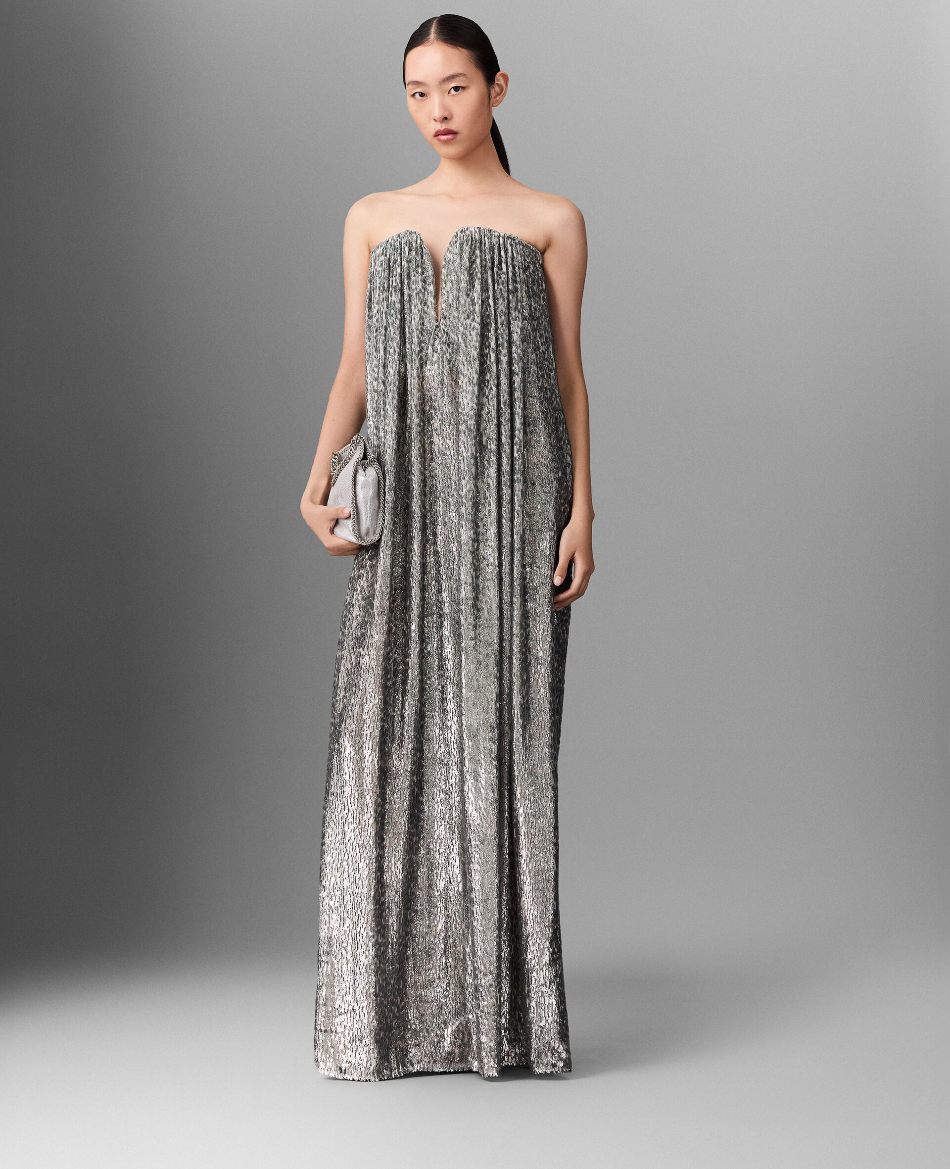 Pleated Metallic Velvet Dress-Silver-medium
