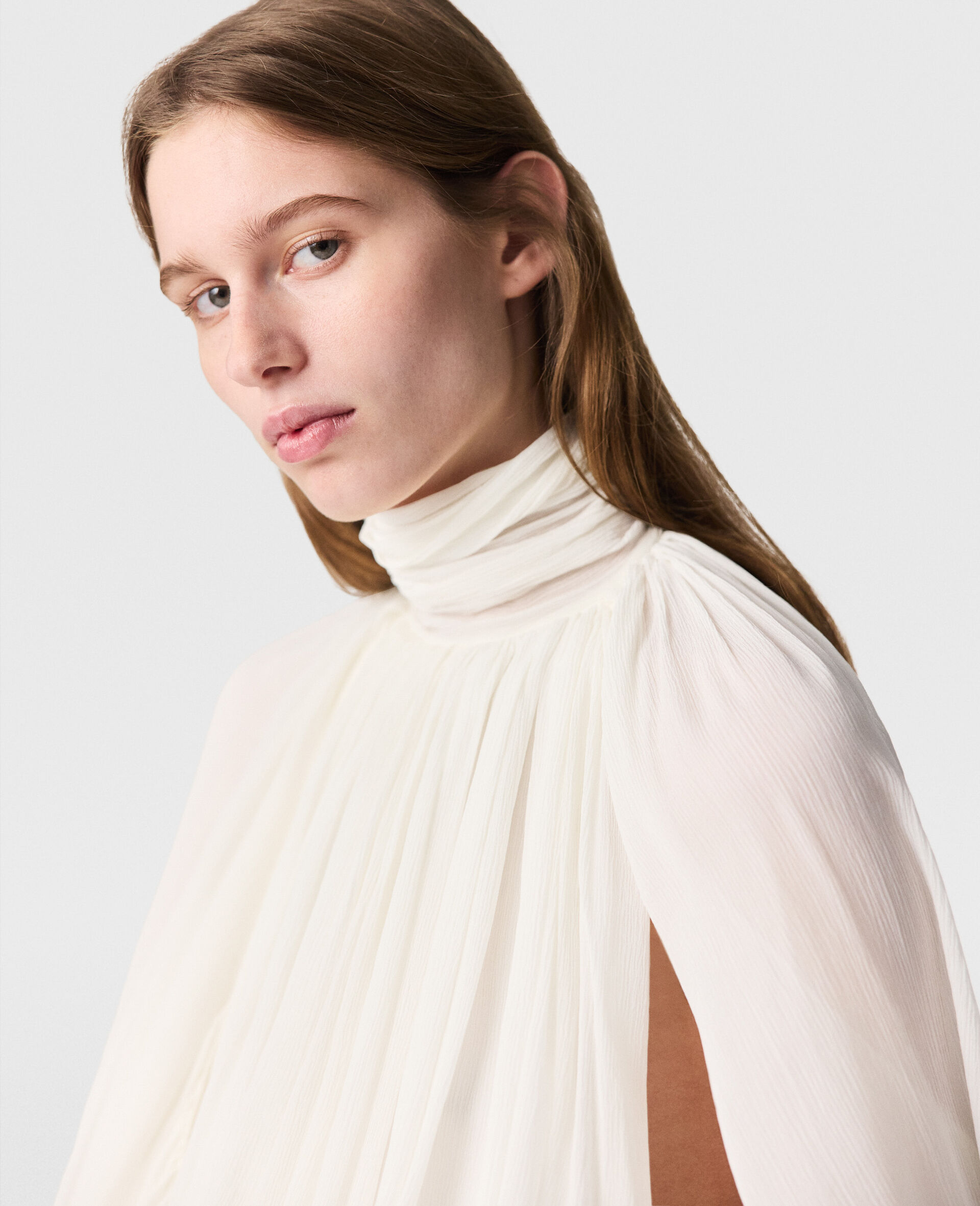 Pleated Baloon Sleeve Top-White-large image number 3