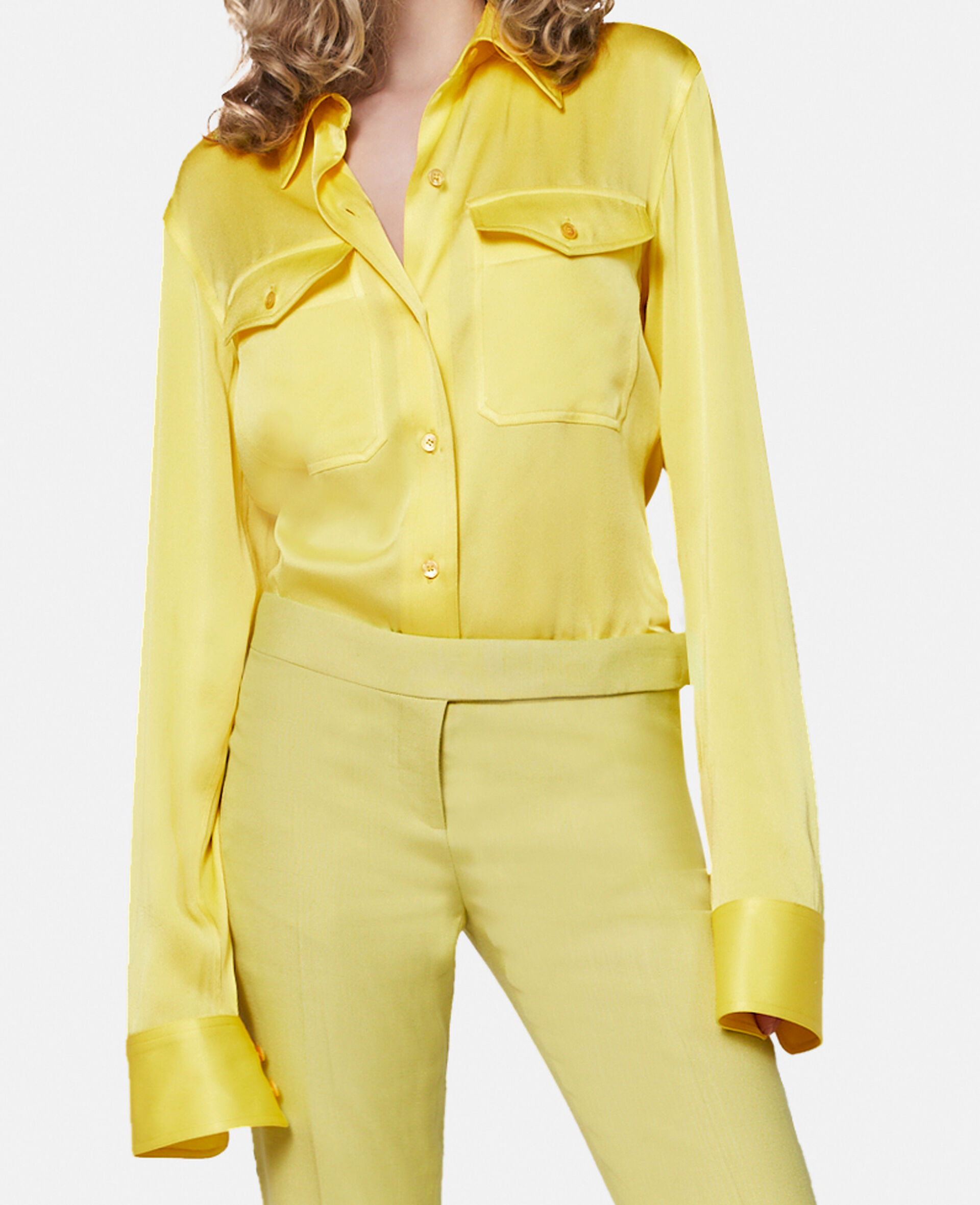 Double Pocket Satin Shirt-Yellow-large image number 3