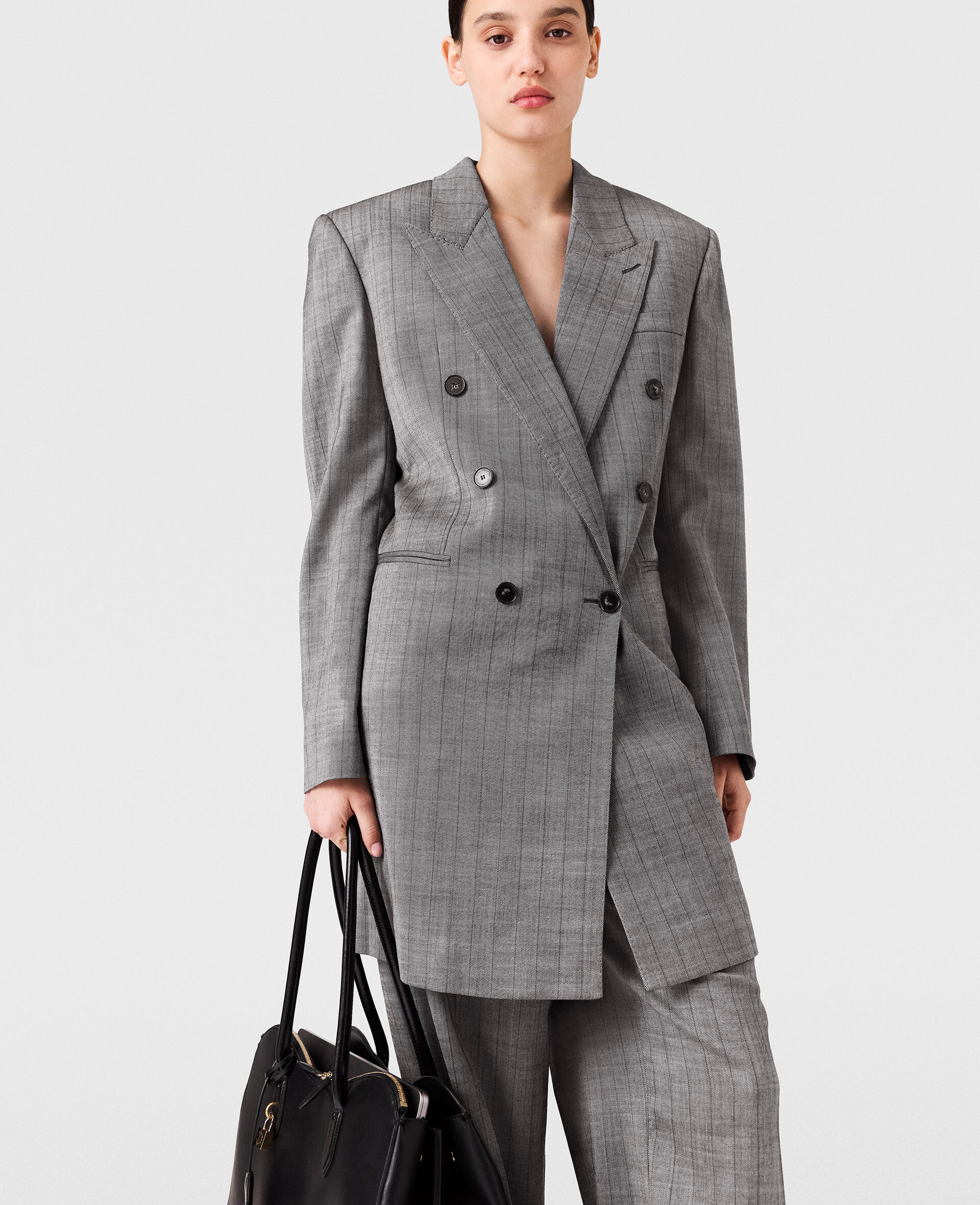 Double-Breasted Pinstripe Blazer Mini Dress-Grey-large image number 6