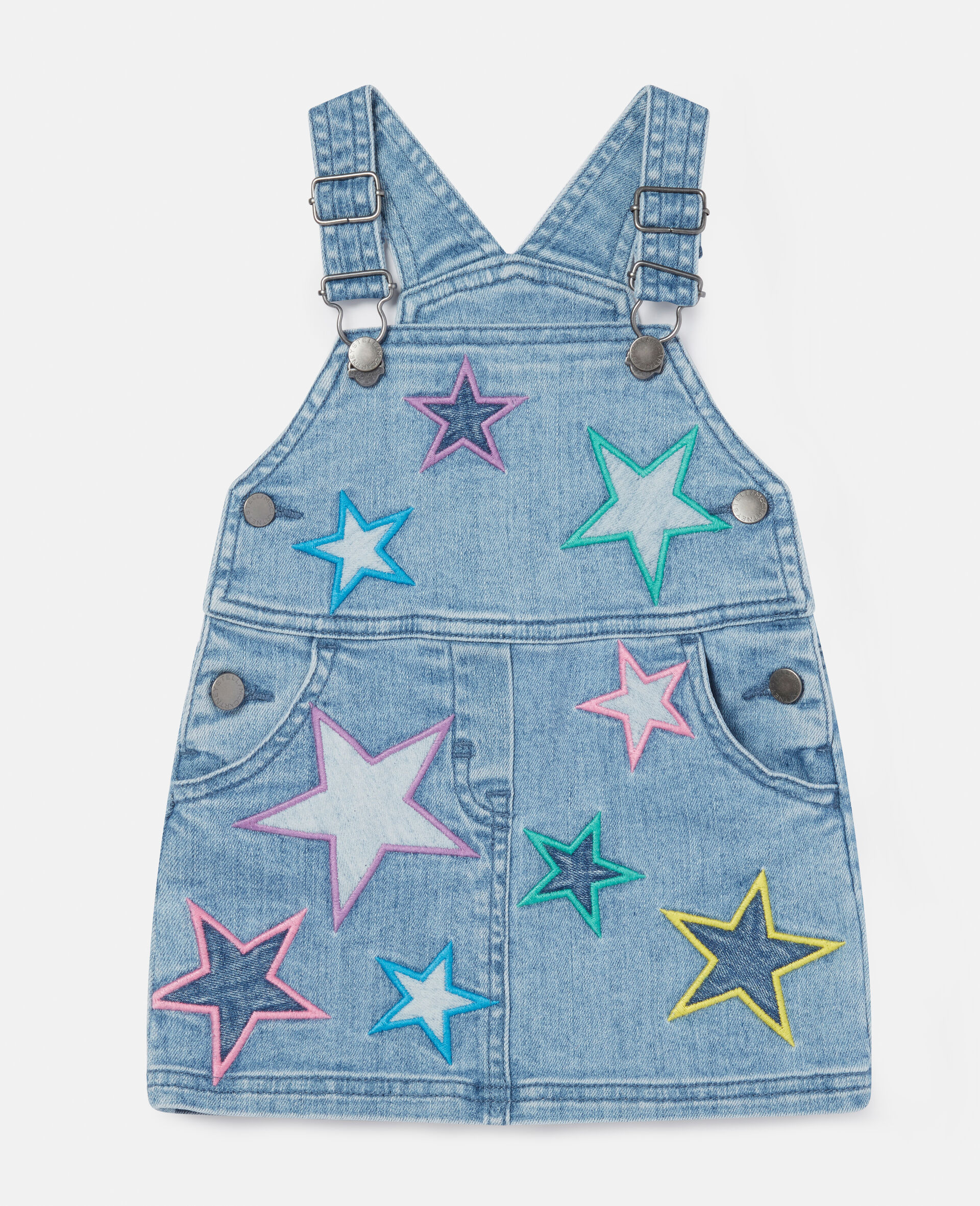 Star Embroidered Denim Dungaree Dress-Blue-large image number 0
