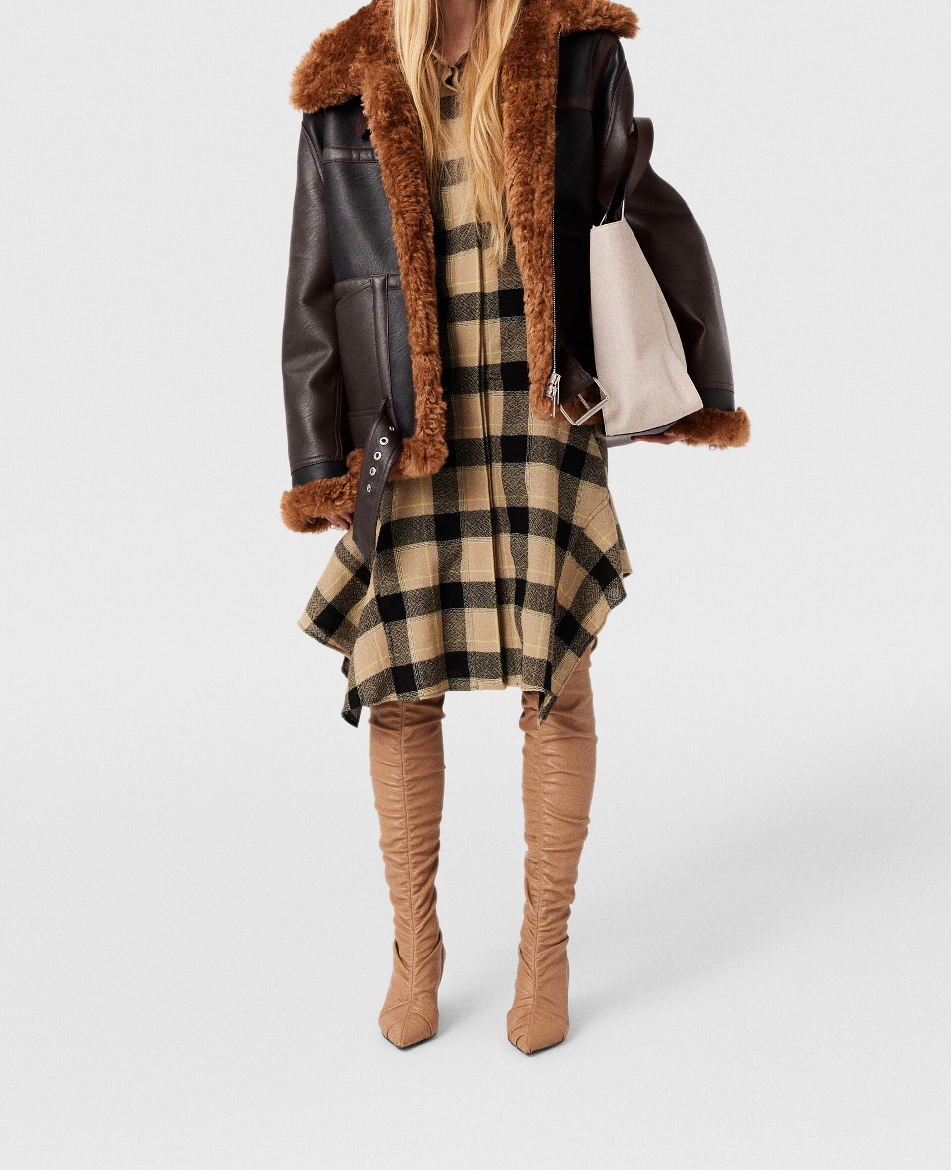 Plush Teddy Panelled Biker Jacket-Black-large image number 5