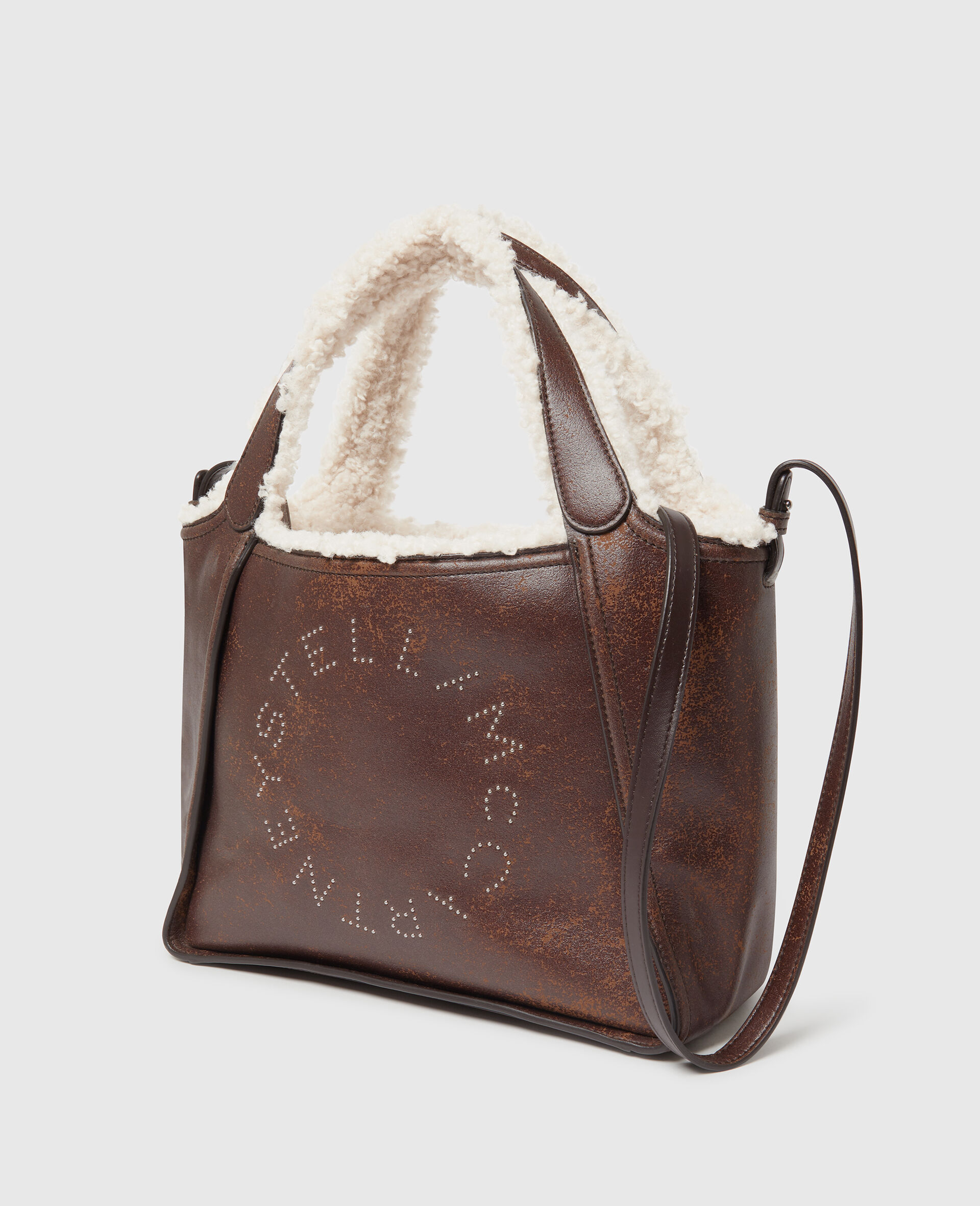 Logo毛绒衬里斜挎托特包-棕色-large image number 2