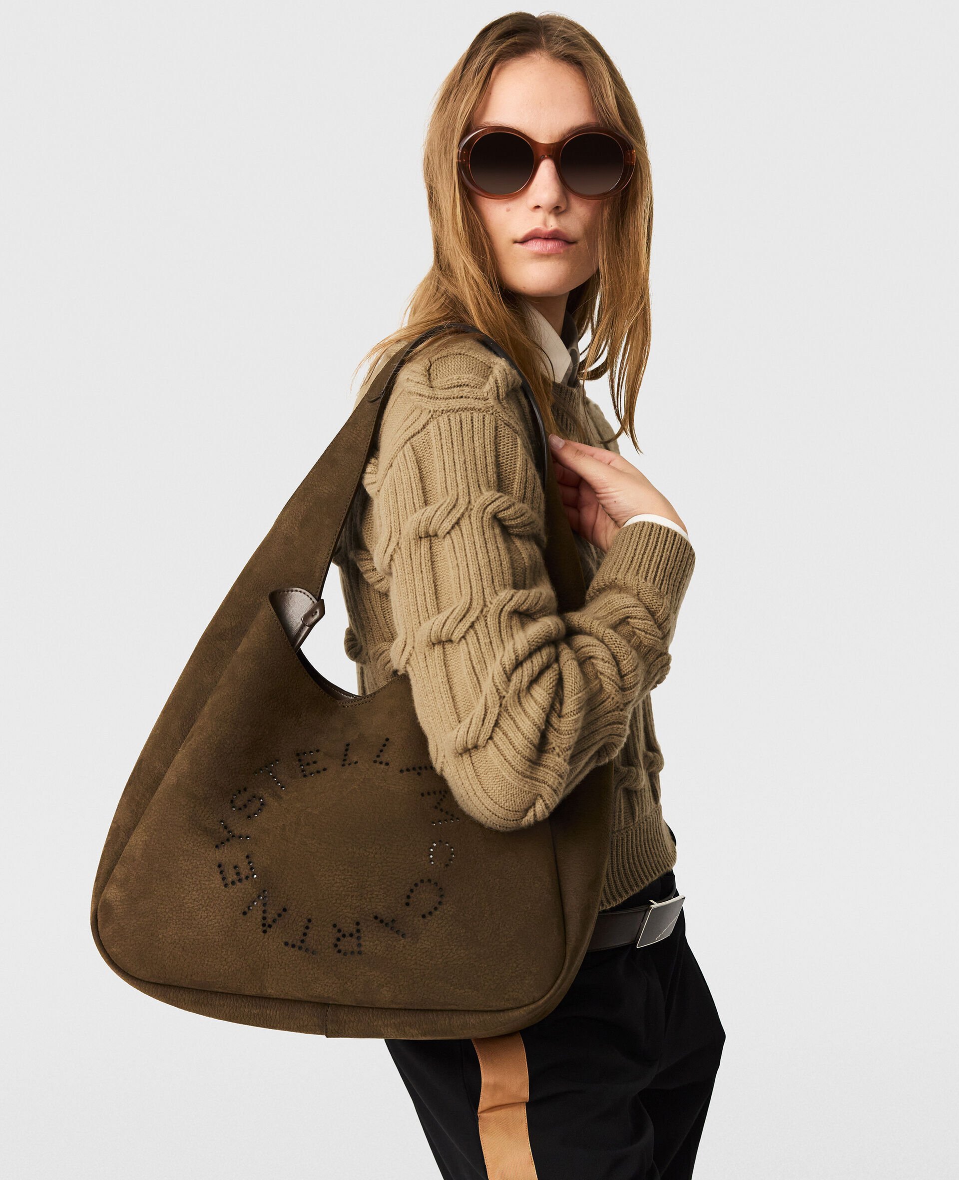 Große Wildleder Hobo Bag mit Logo-Brown-medium