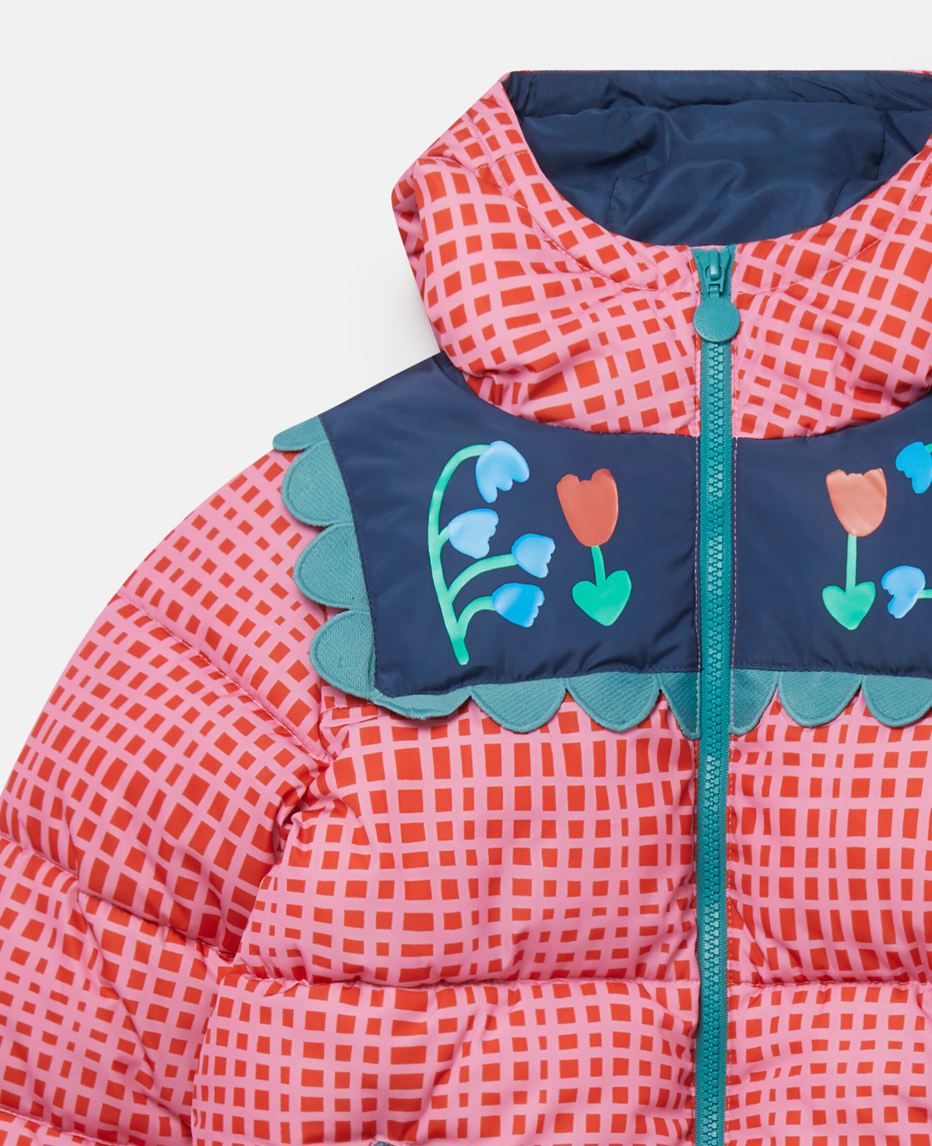 Folk Flower Check Print Puffer Coat-Pink-large image number 1