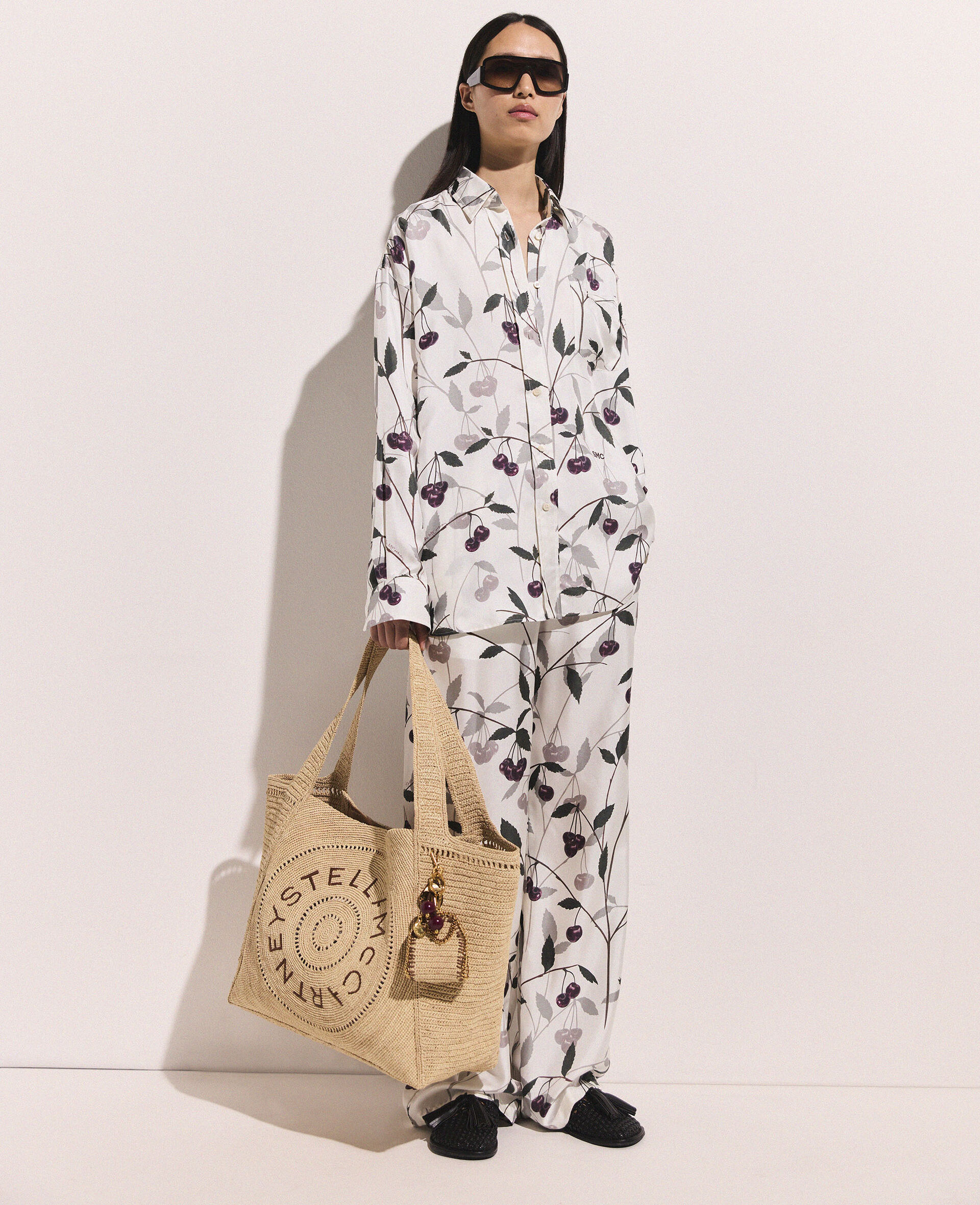 Cherry Print Oversized Trousers-Beige-model