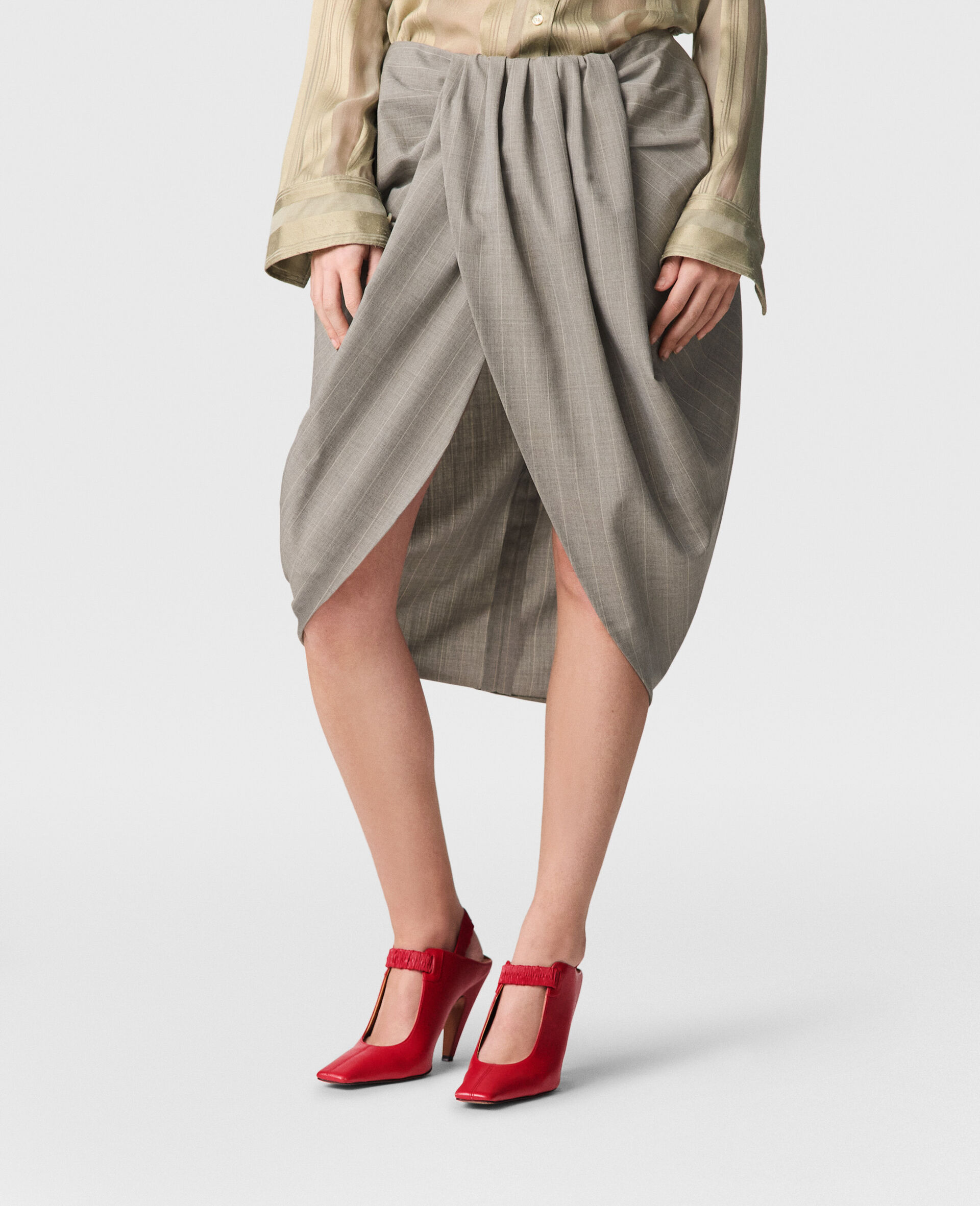 Ruched Wrapped Pinstripe Midi Skirt-Grey-large image number 3