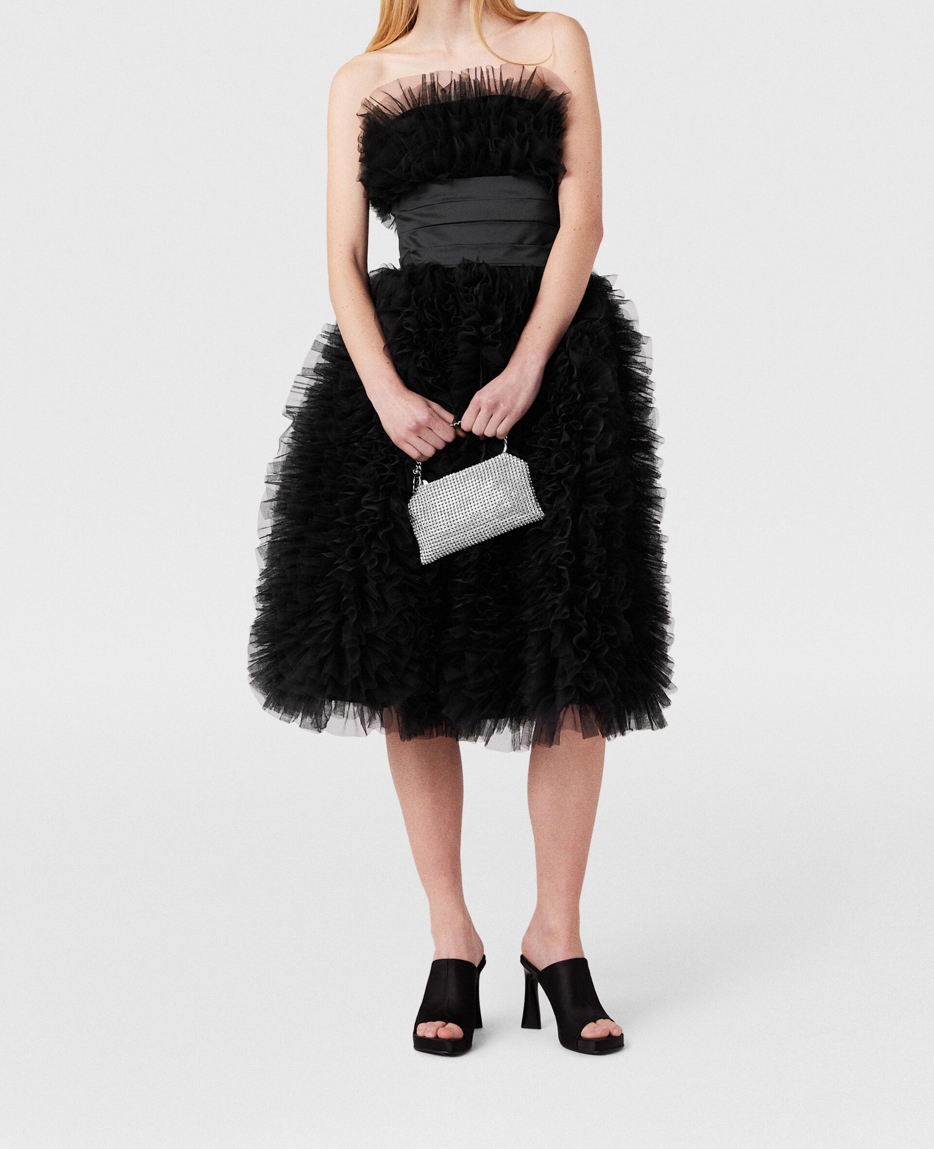 Panelled Waist Taffeta Midi Dress-Black-large image number 4