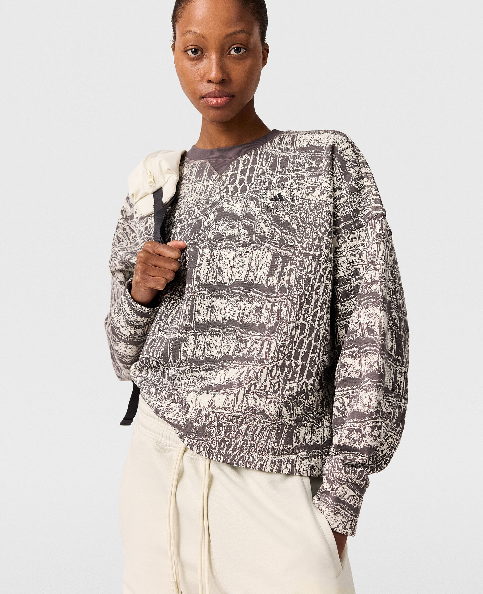 Logo Graphic Print Crewneck Sweatshirt-Beige-model