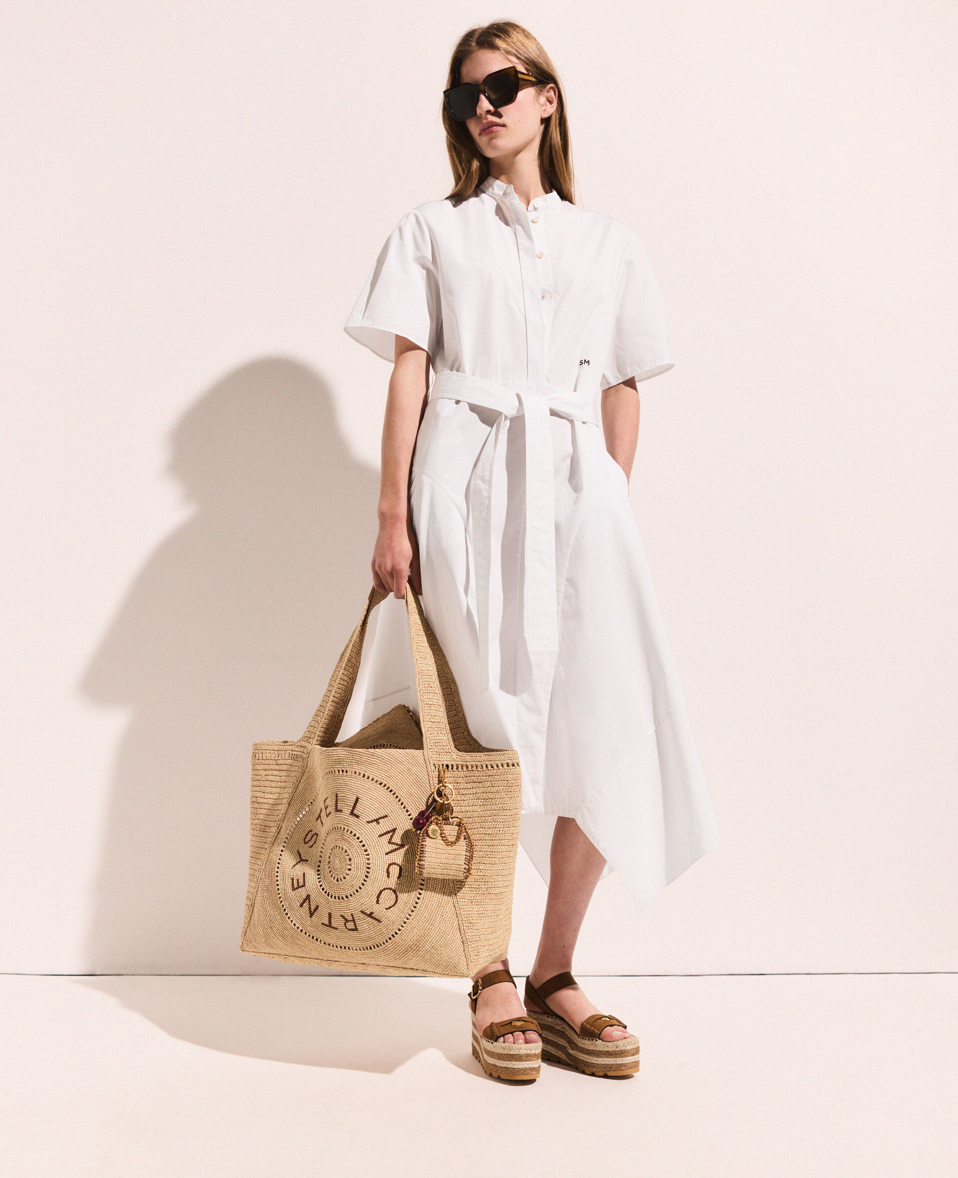 Short Sleeve Belted Midi Dress-White-medium