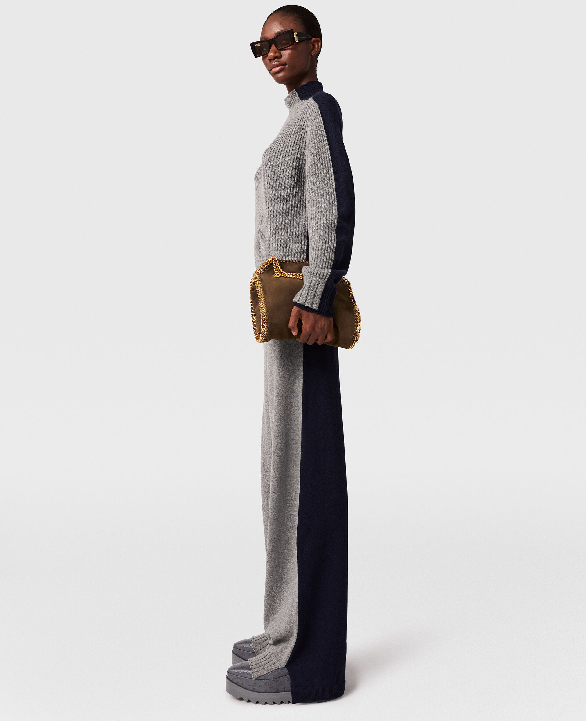 Wide-Leg Contrast Panel Trousers-Blue-large image number 2