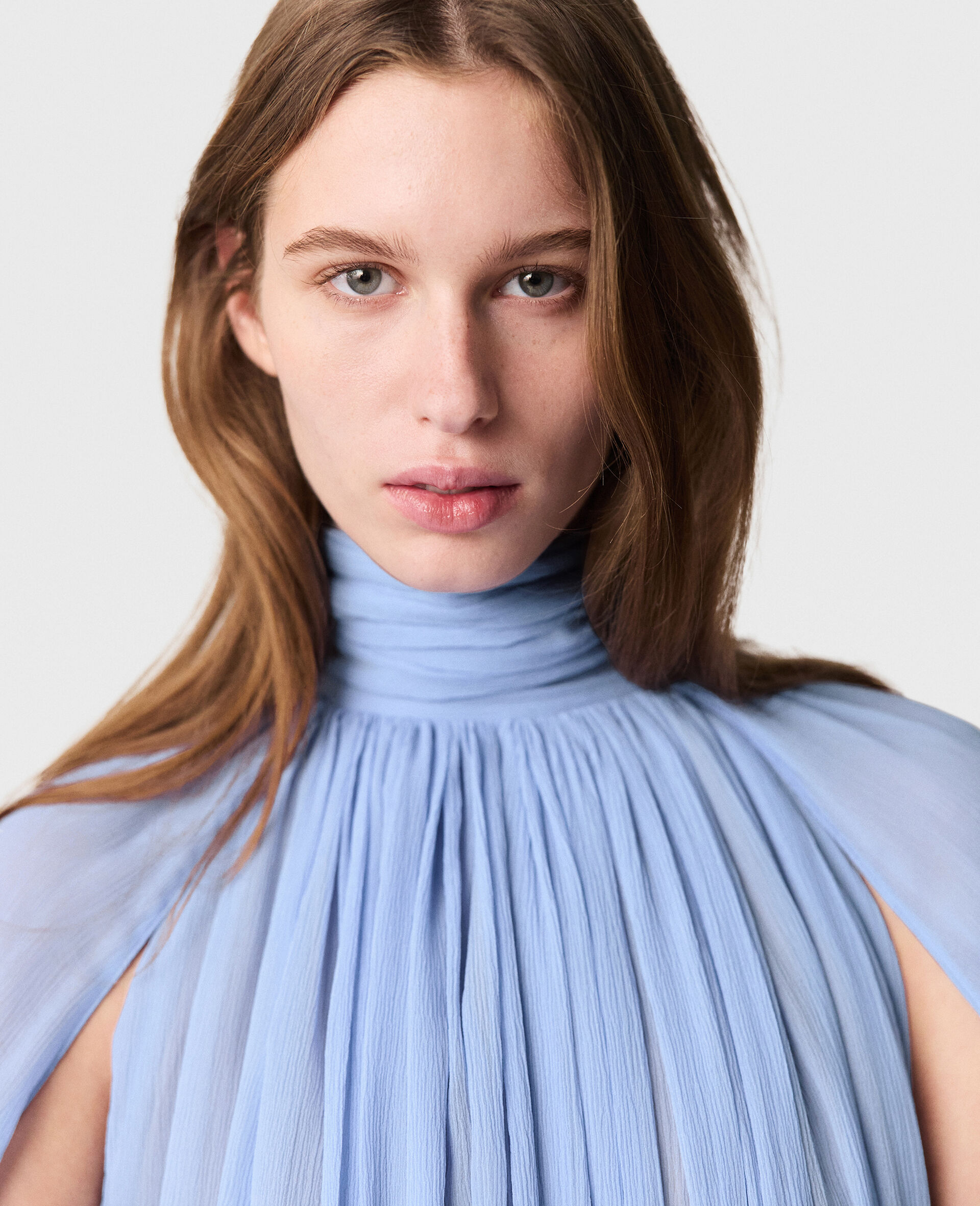 High-Neck Pleated Midi Dress-Blue-large image number 3