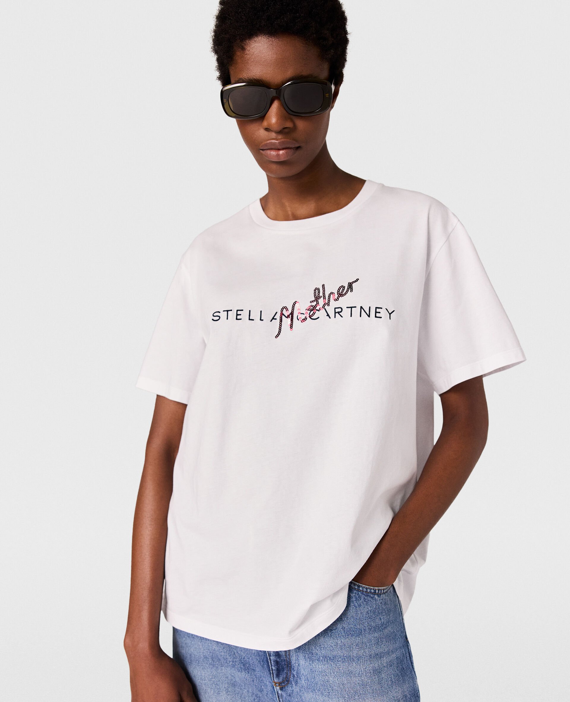 Mother Sequins Boxy T-Shirt-White-model