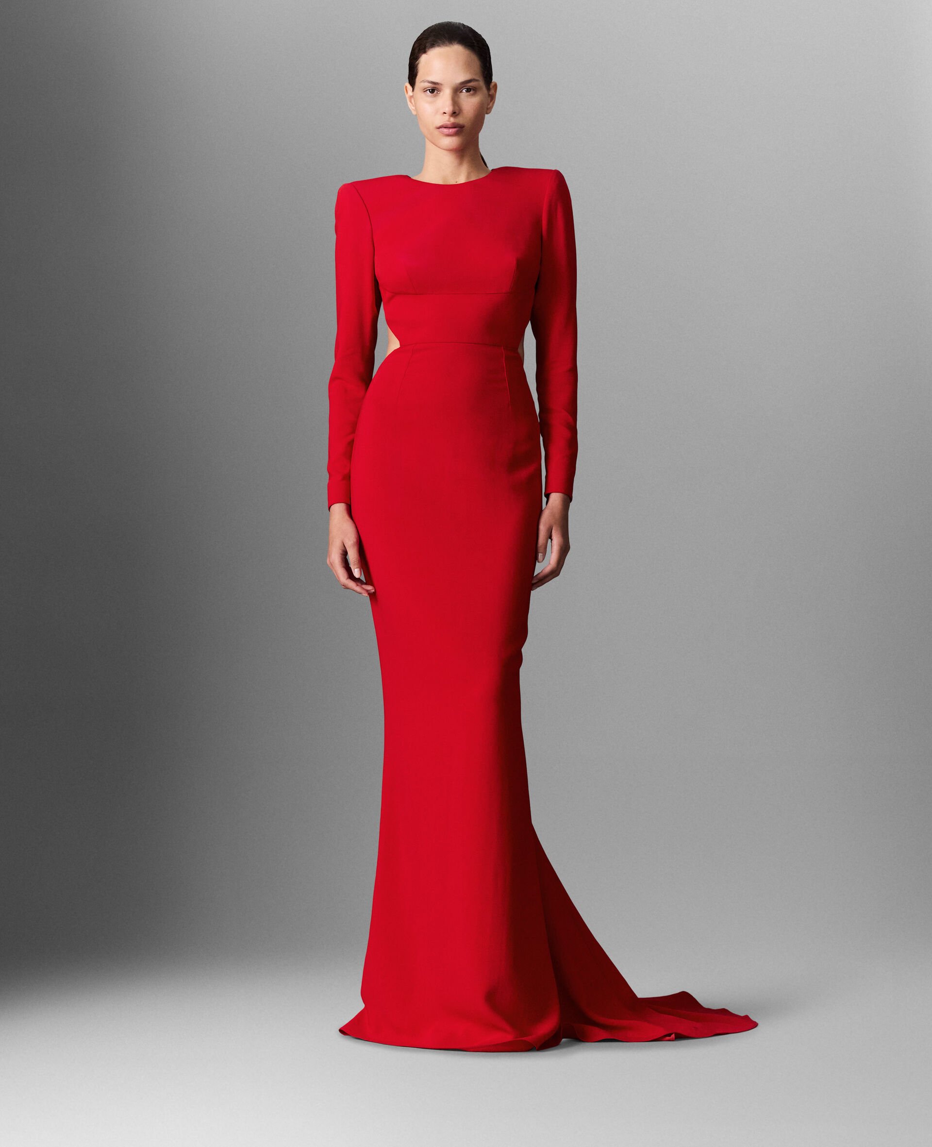 Backless Long-Sleeve Floor-Length Dress-Red-model