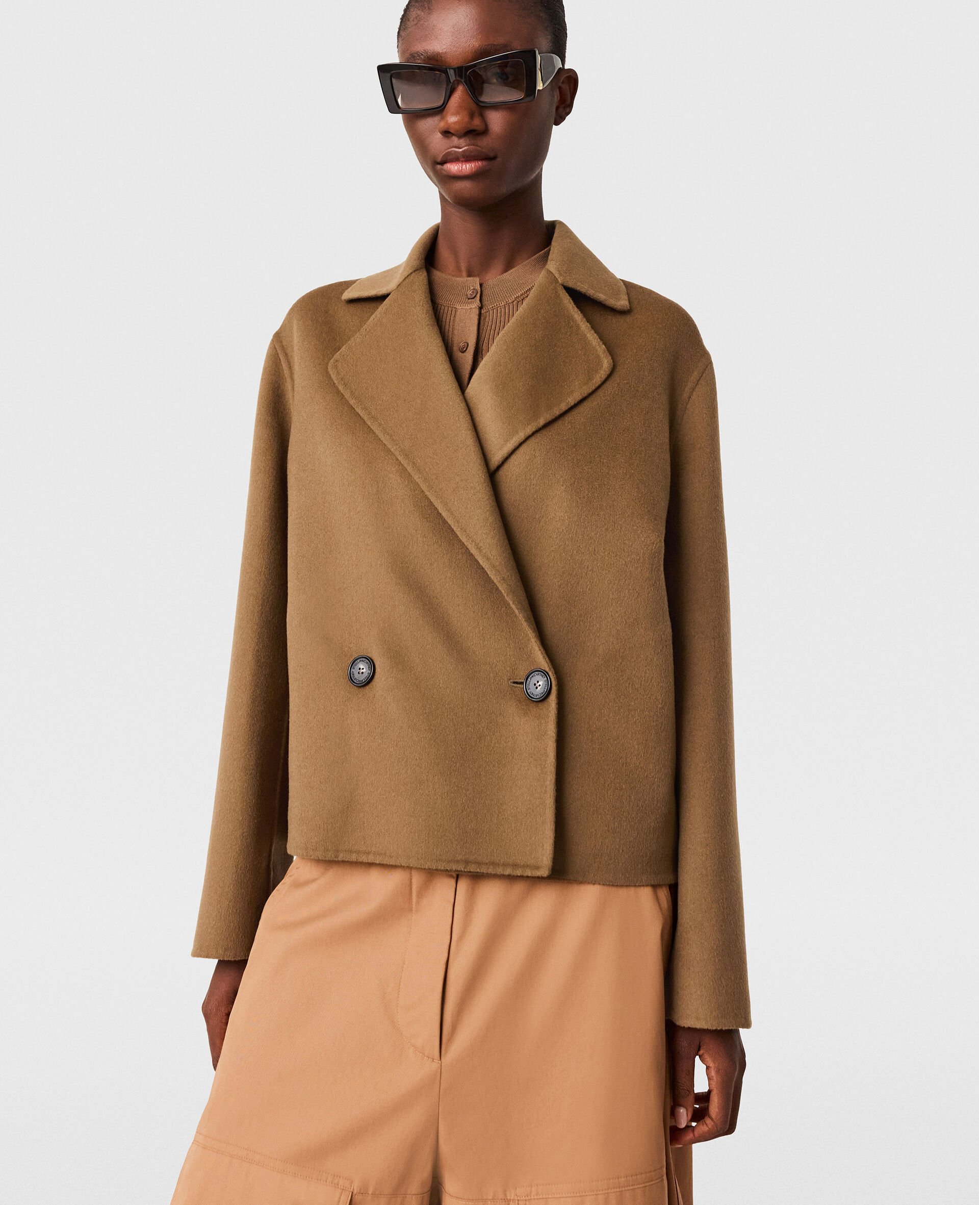 Double-Breasted Cropped Peacoat Jacket-Brown-large image number 4