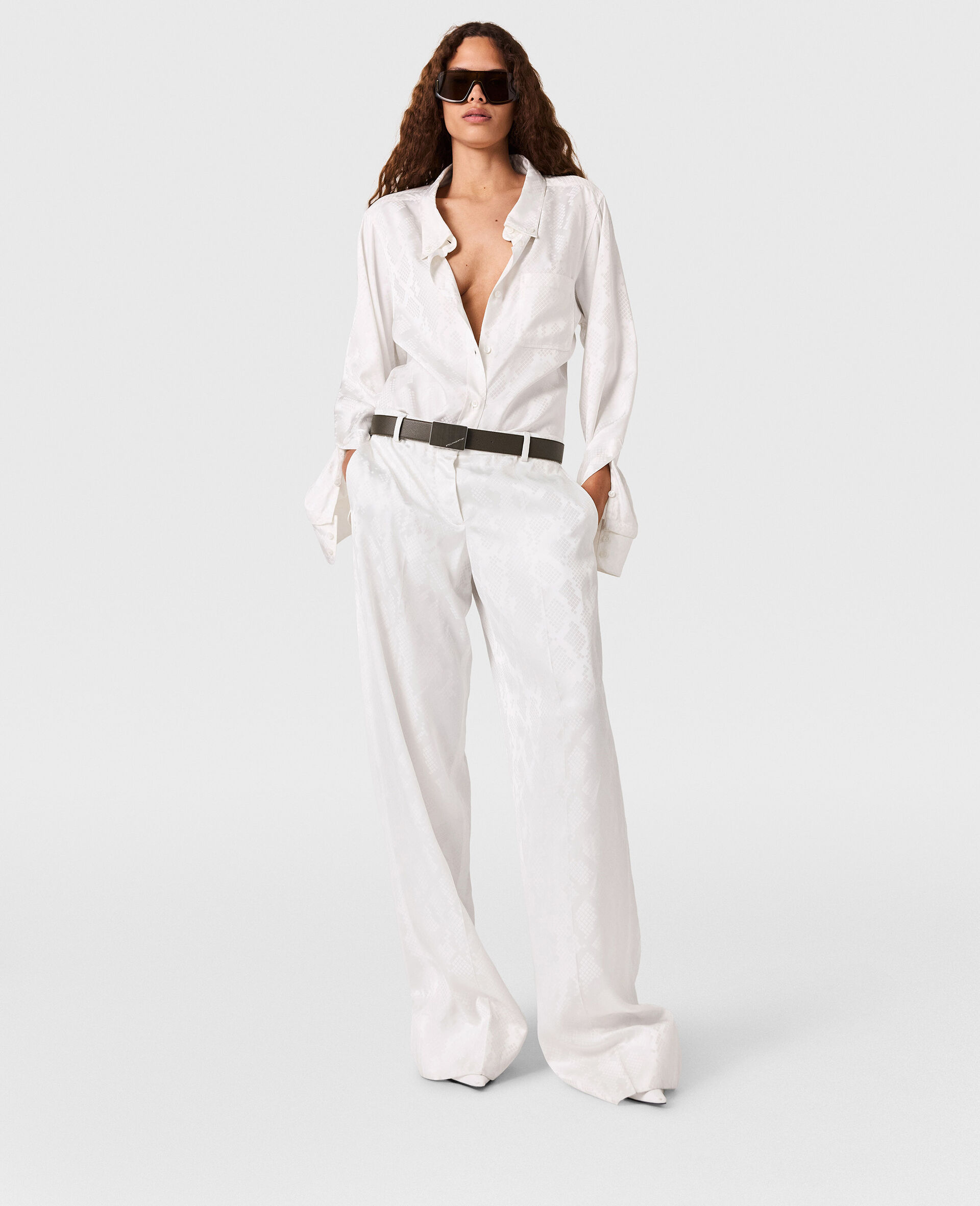Snake Print Pleated Straight-Leg Trousers-White-model