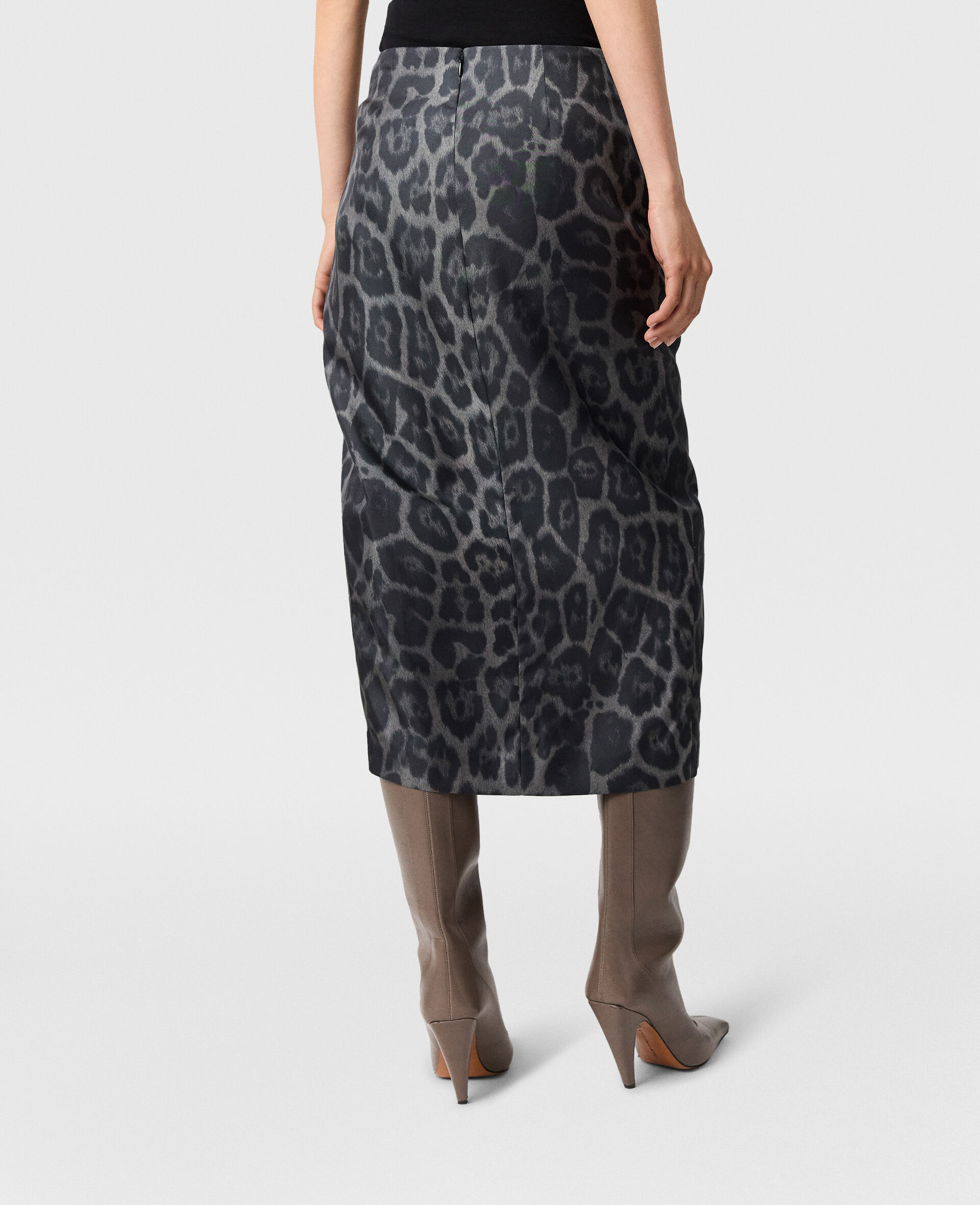 Knotted Asymmetric Leopard Midi Skirt-Grey-large image number 4