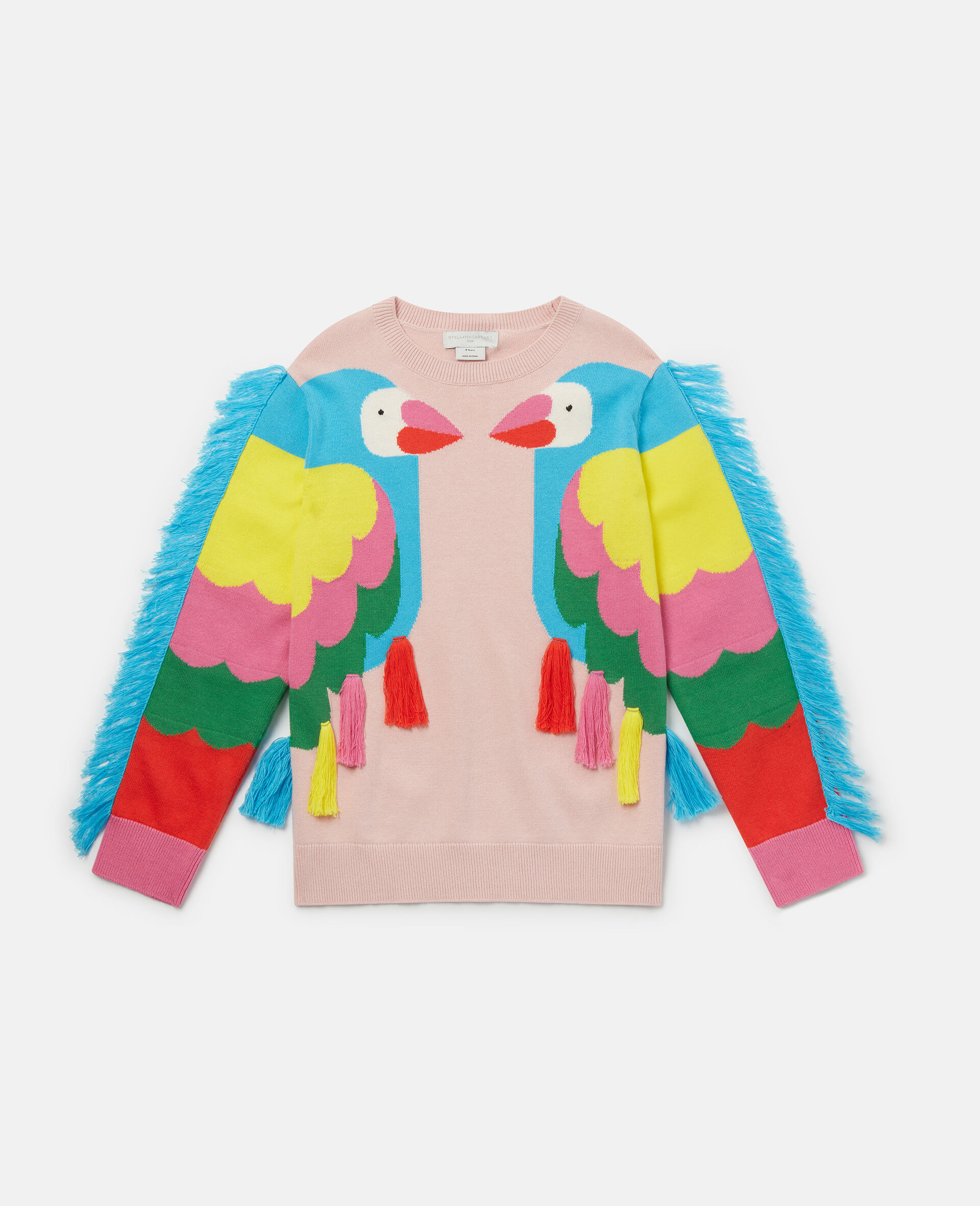 Double Parrot Intarsia Knit Fringed Jumper-Pink-large