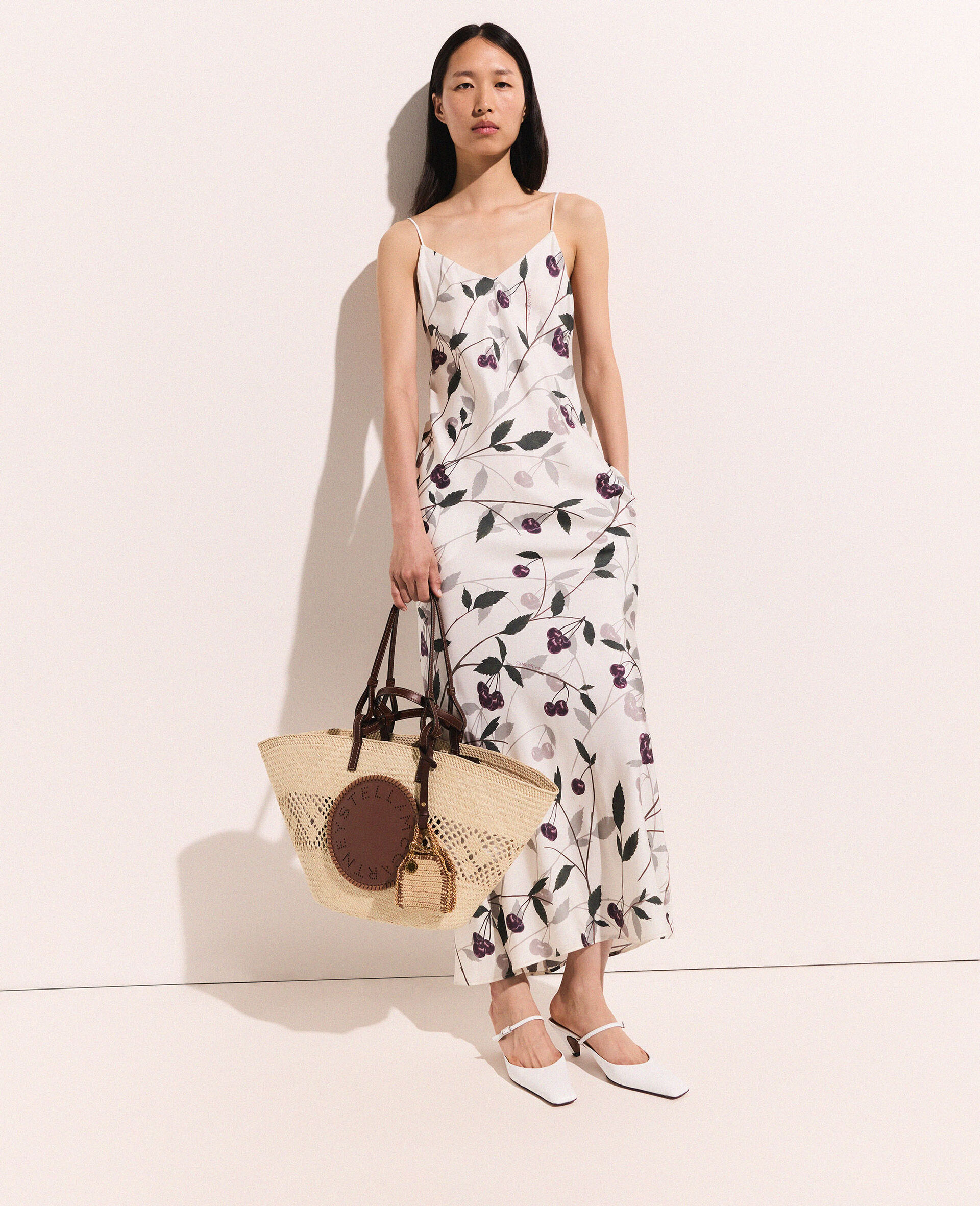 Cherry Print Sleeveless Midi Dress-Beige-model