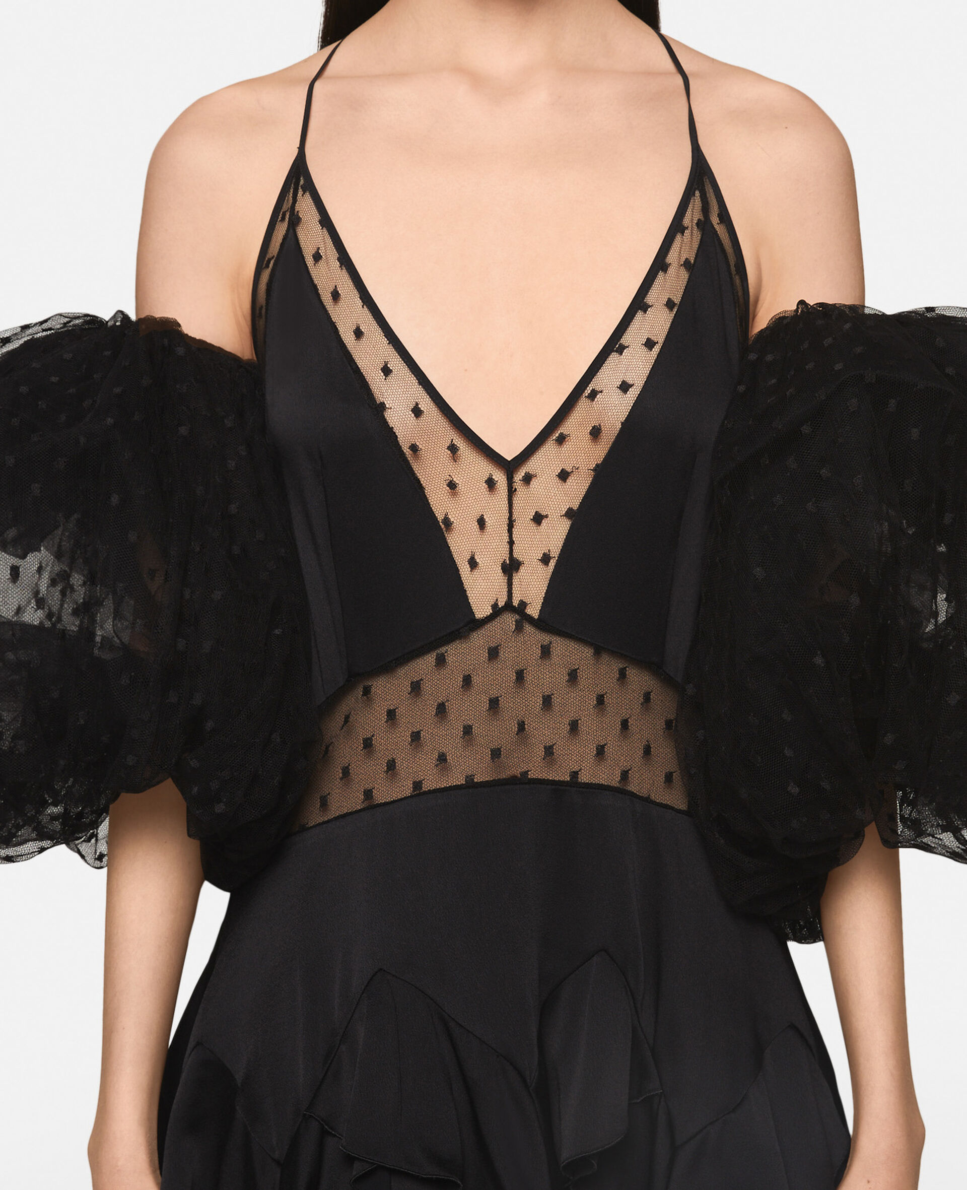 Maxikleid aus Mesh mit Puffärmeln und Punkten-Schwarz-large image number 4