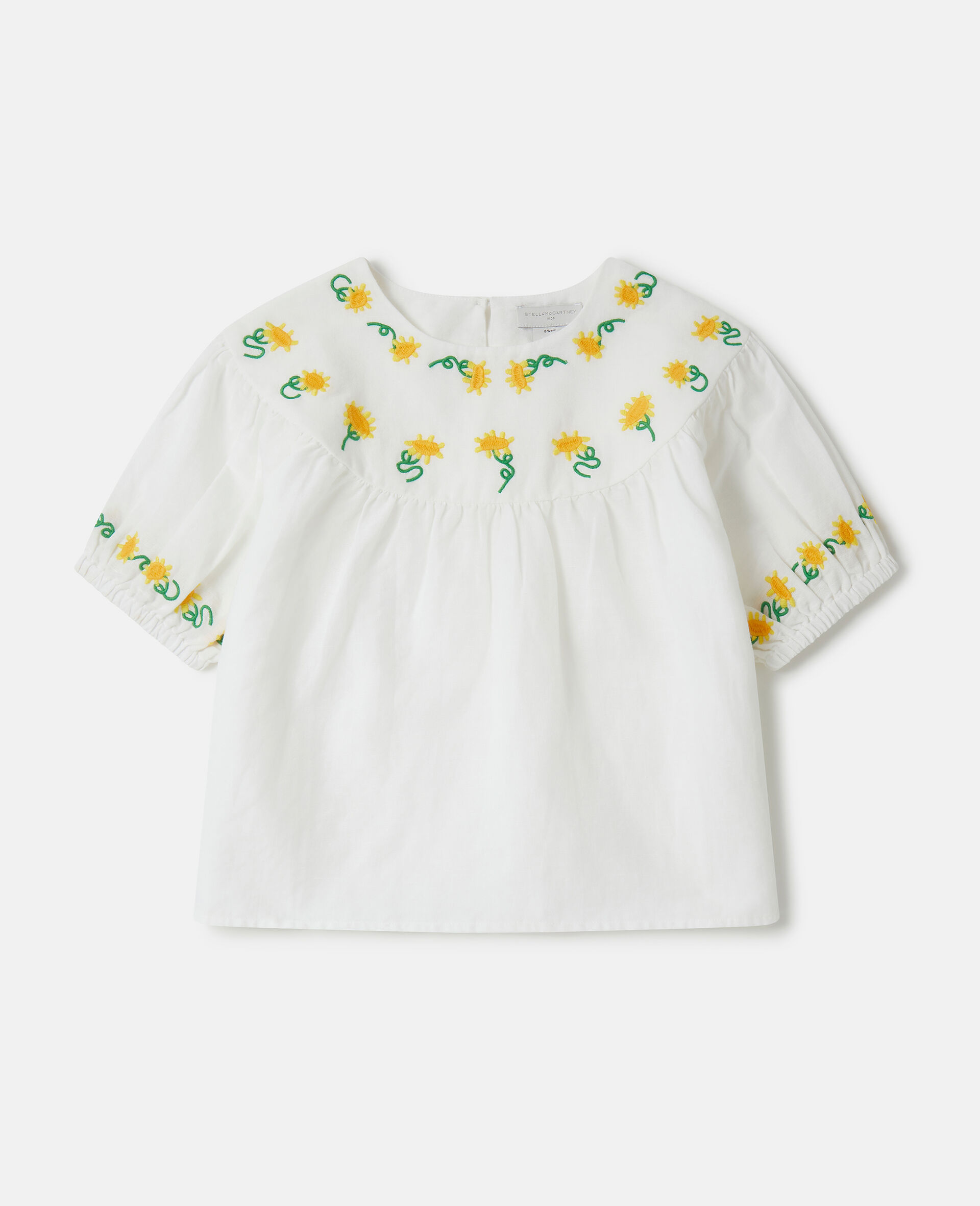 Flower Embroidery Puff Sleeve Top-White-medium