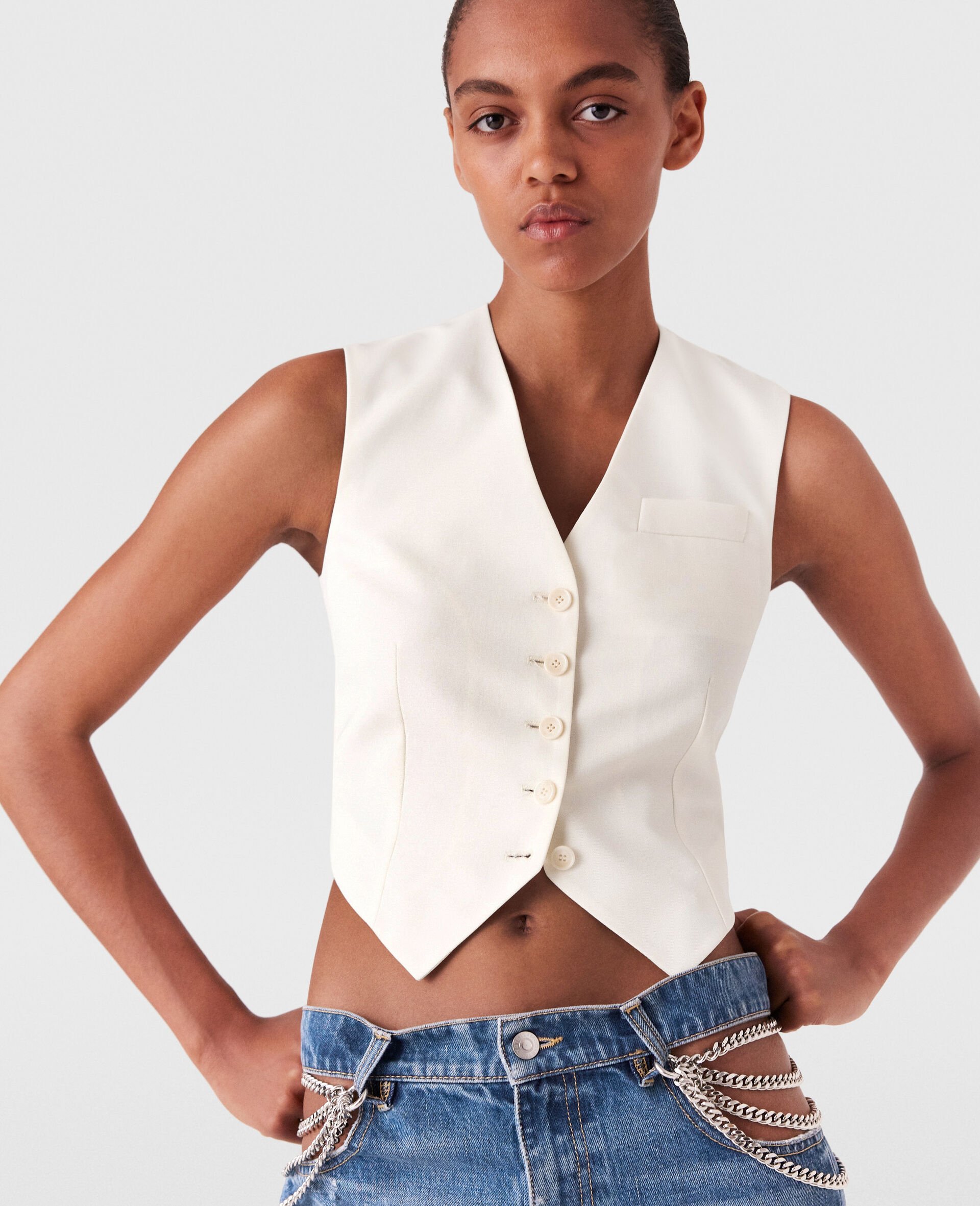 Cropped Tailored Wool Waistcoat-Cream-model Cropped Tailored Wool Waistcoat-Cream-model