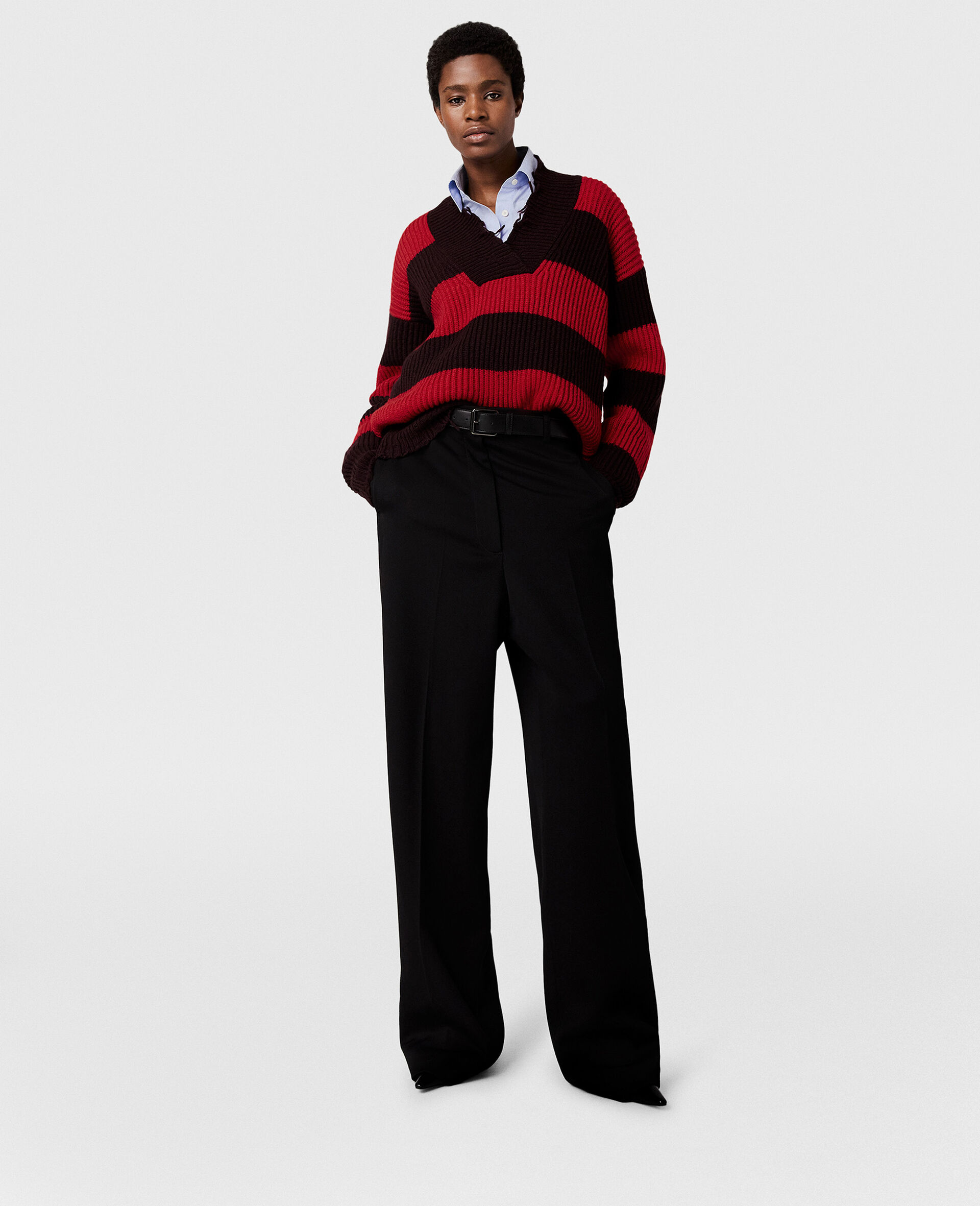 Oversized Striped V-Neck Jumper-Red-large image number 4