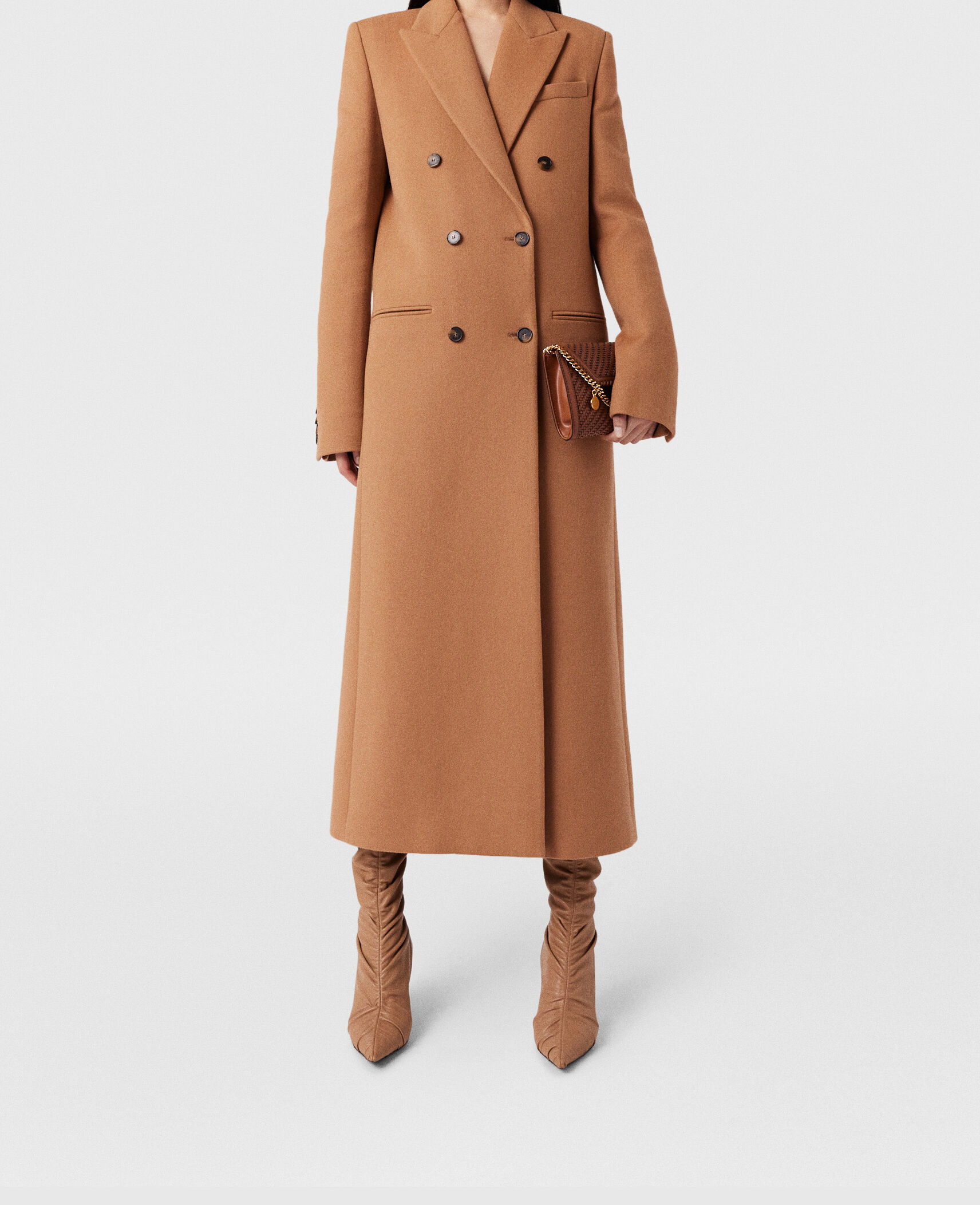 Women Camel beige Double Breasted Longline Coat | Stella
