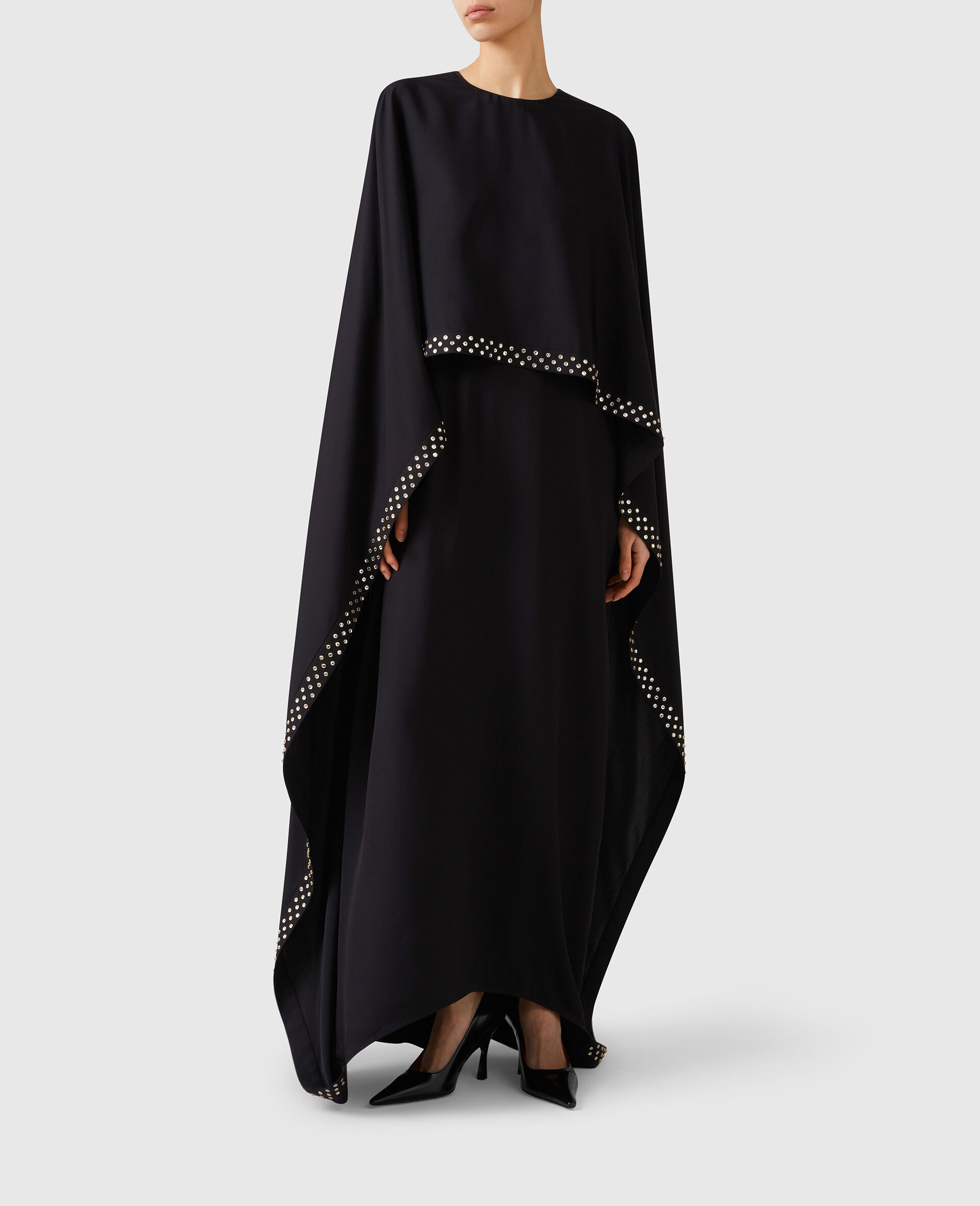 Lead-Free Crystal Cape Gown-Black-model