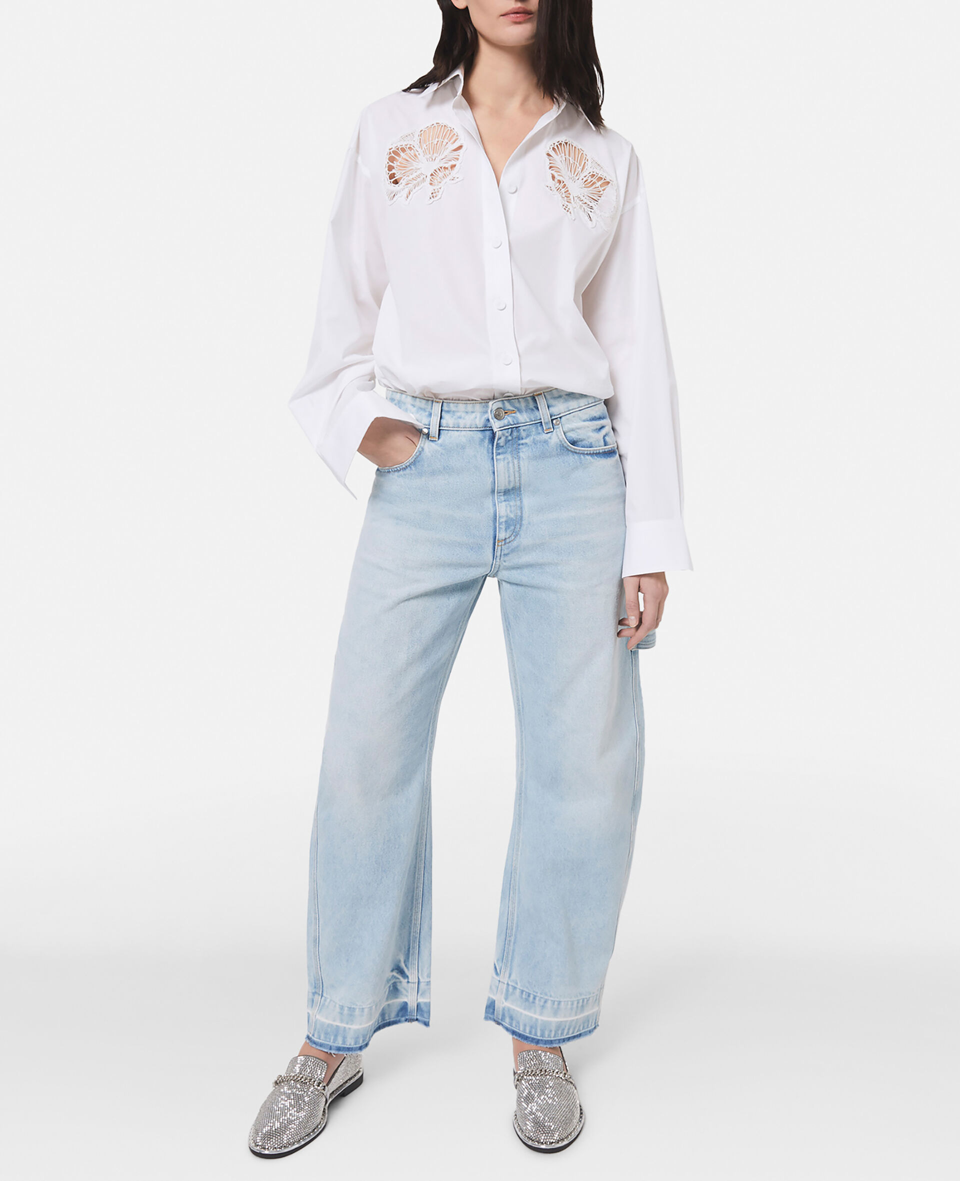 Floral Comely Panel Oxford Shirt-White-medium