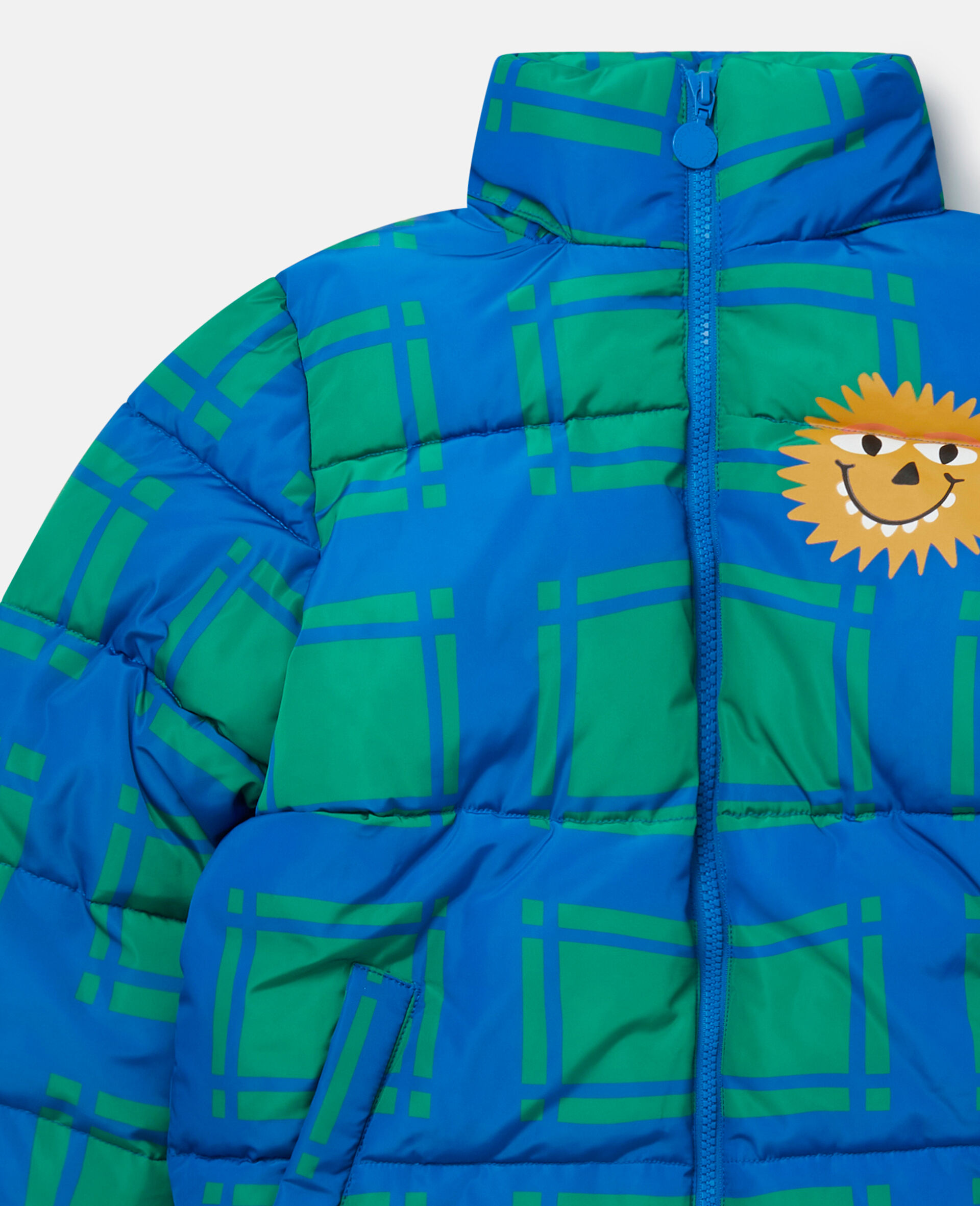 Sunshine Face Checked Puffer Coat-Blue-large image number 1