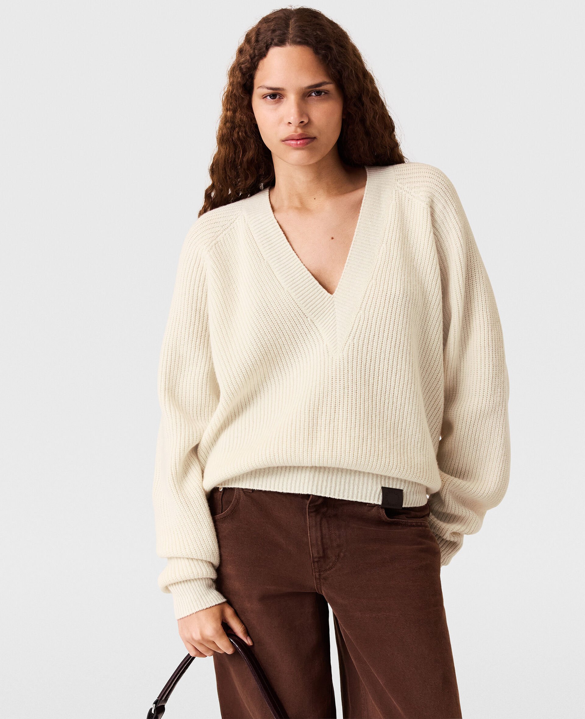 Langärmeliger Pullover mit V-Ausschnitt-Weiß-medium