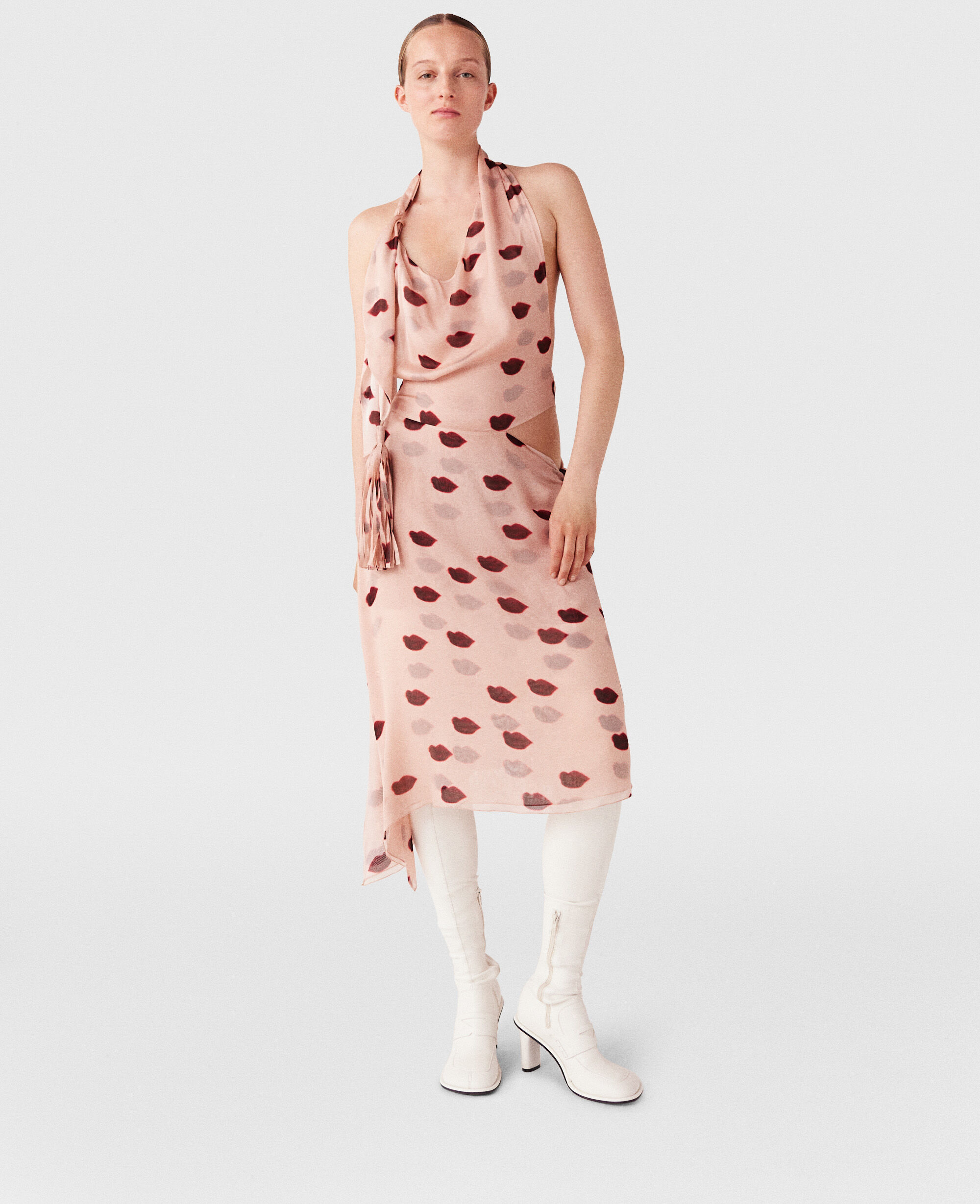 Women Dusty pink and red Sleeveless Lips Print Midi Dress