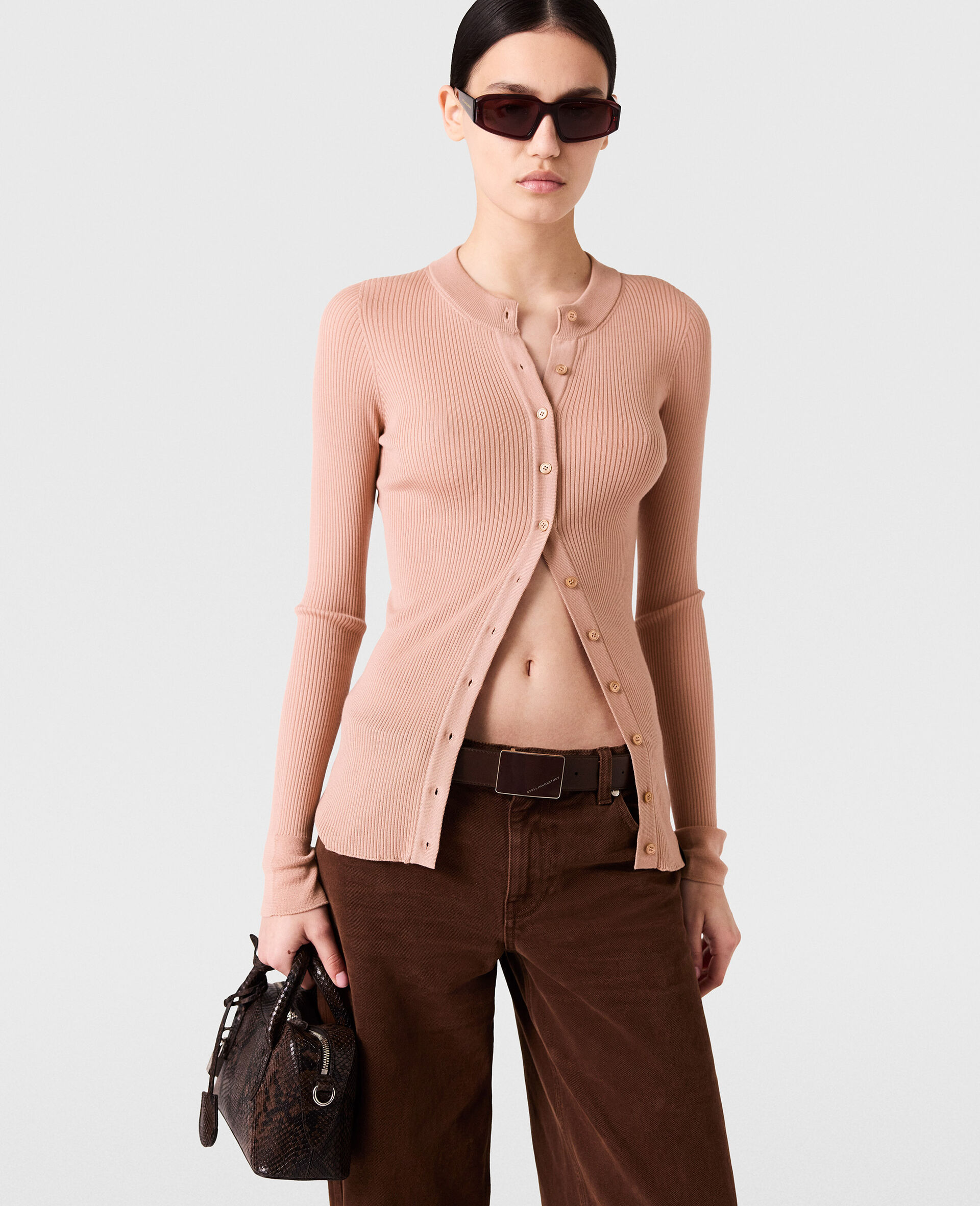 Crewneck Ribbed Knit Cardigan-Pink-model