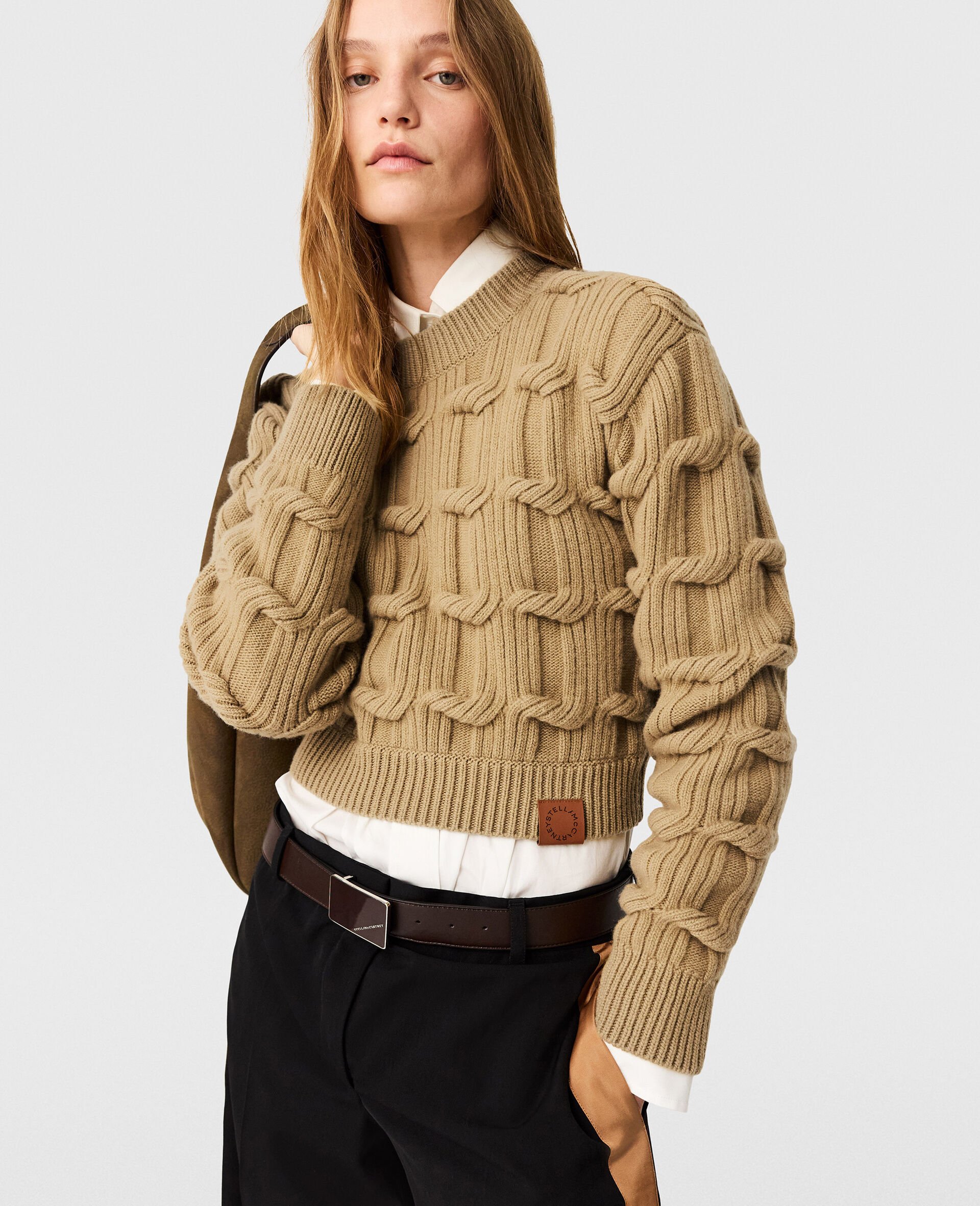 Maglione Girocollo Falabella con Lavorazione a Maglia Intrecciata-Beige-medium