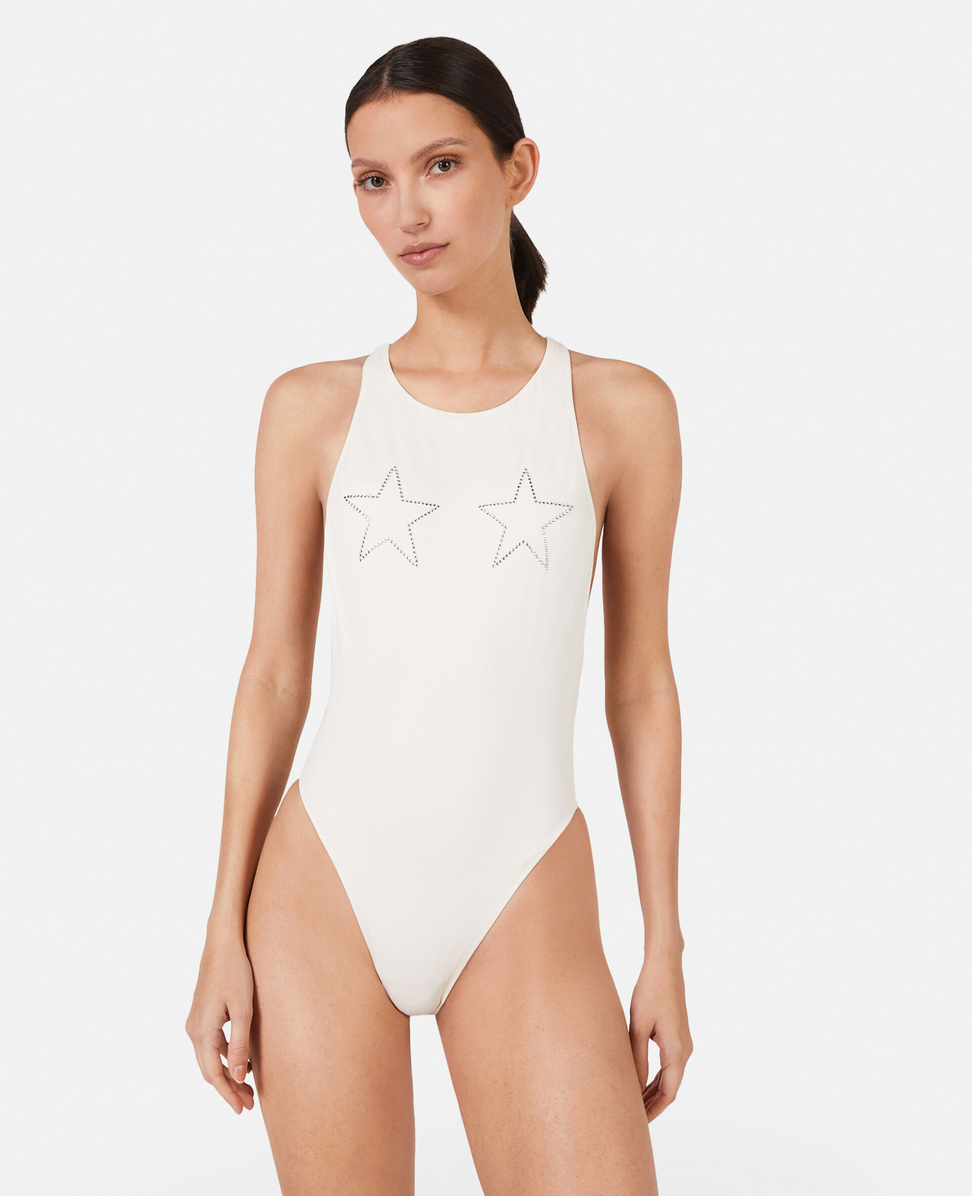 水钻星星图案工字背泳衣-白色-model