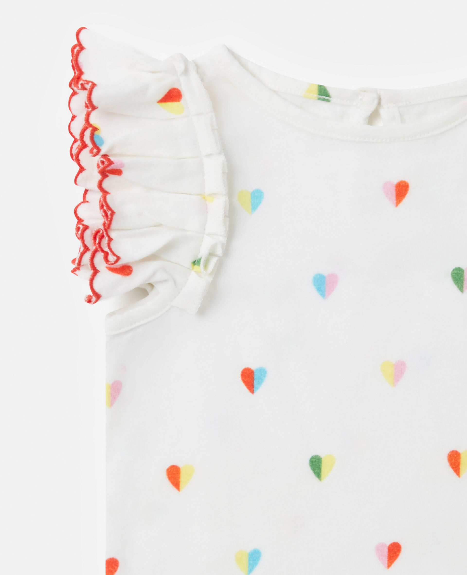 Heart Print Scallop Trim T-Shirt-White-large image number 1