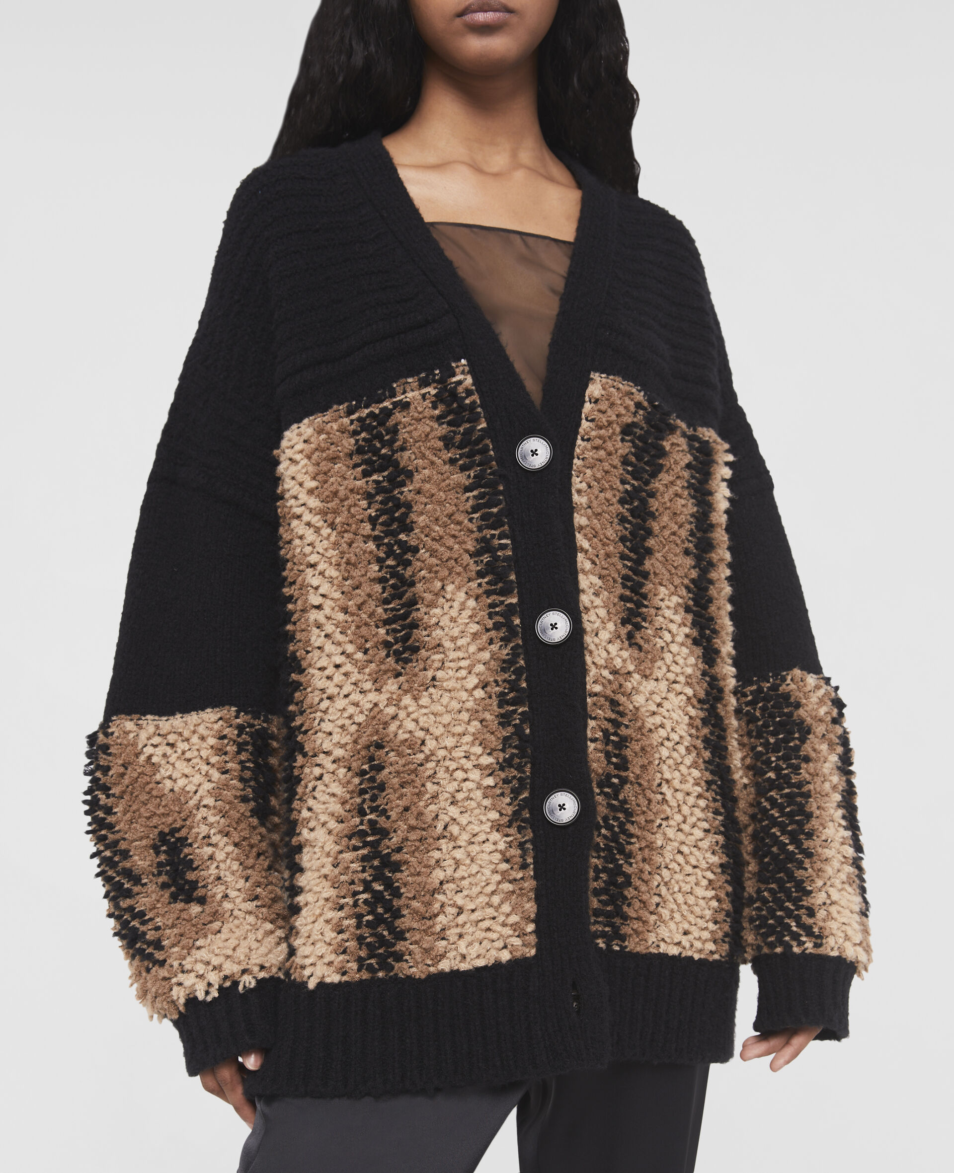 Fur Free Fur Panel Textured Knit Cardigan-Black-large image number 3