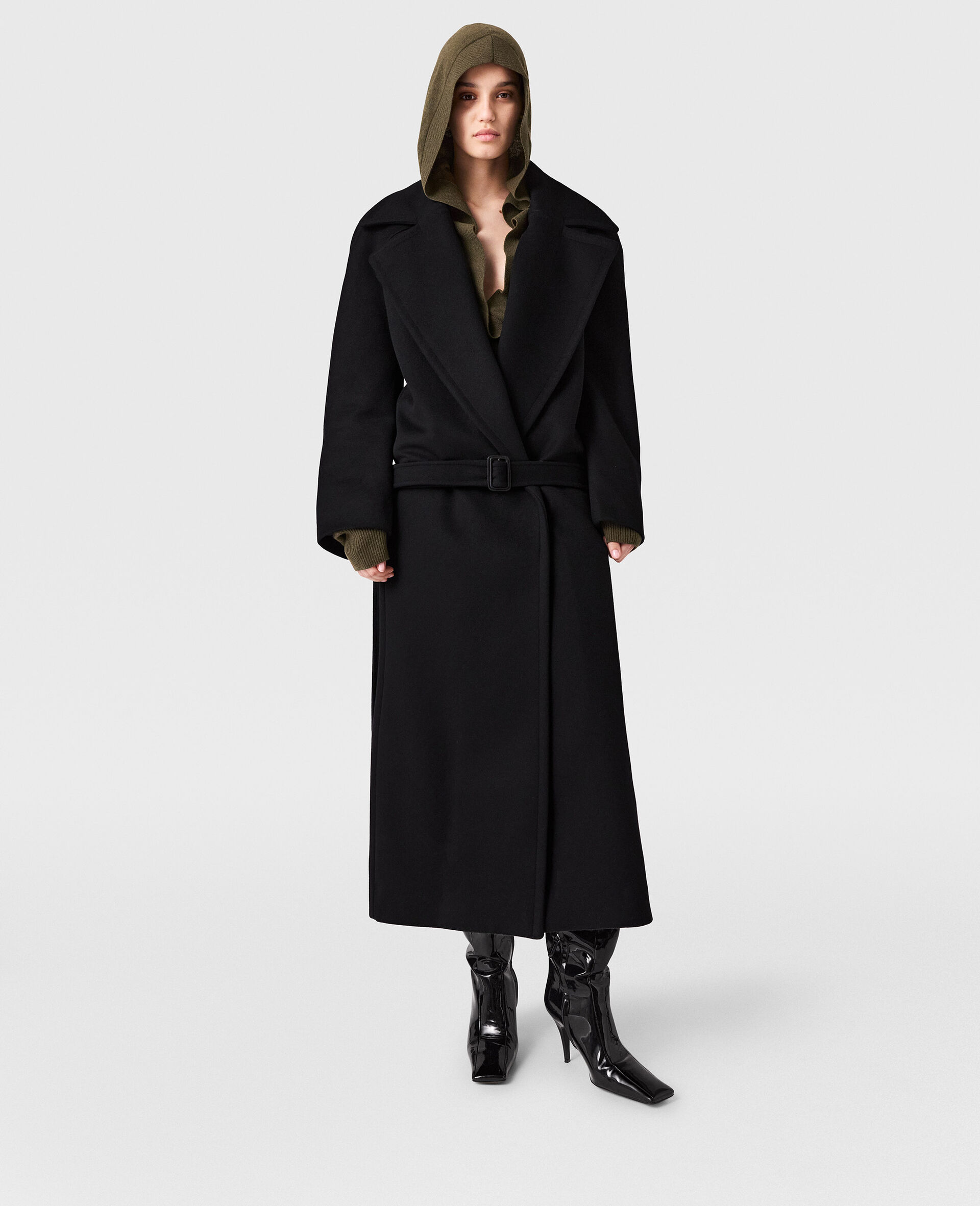 Belted Tonal Buckle Trench Coat-Black-large image number 5