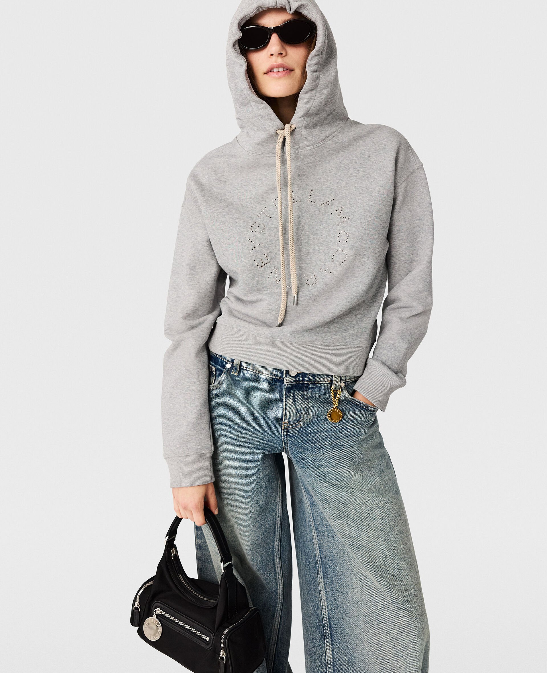 Logo-Embroidered Cropped Hoodie-Grey-medium