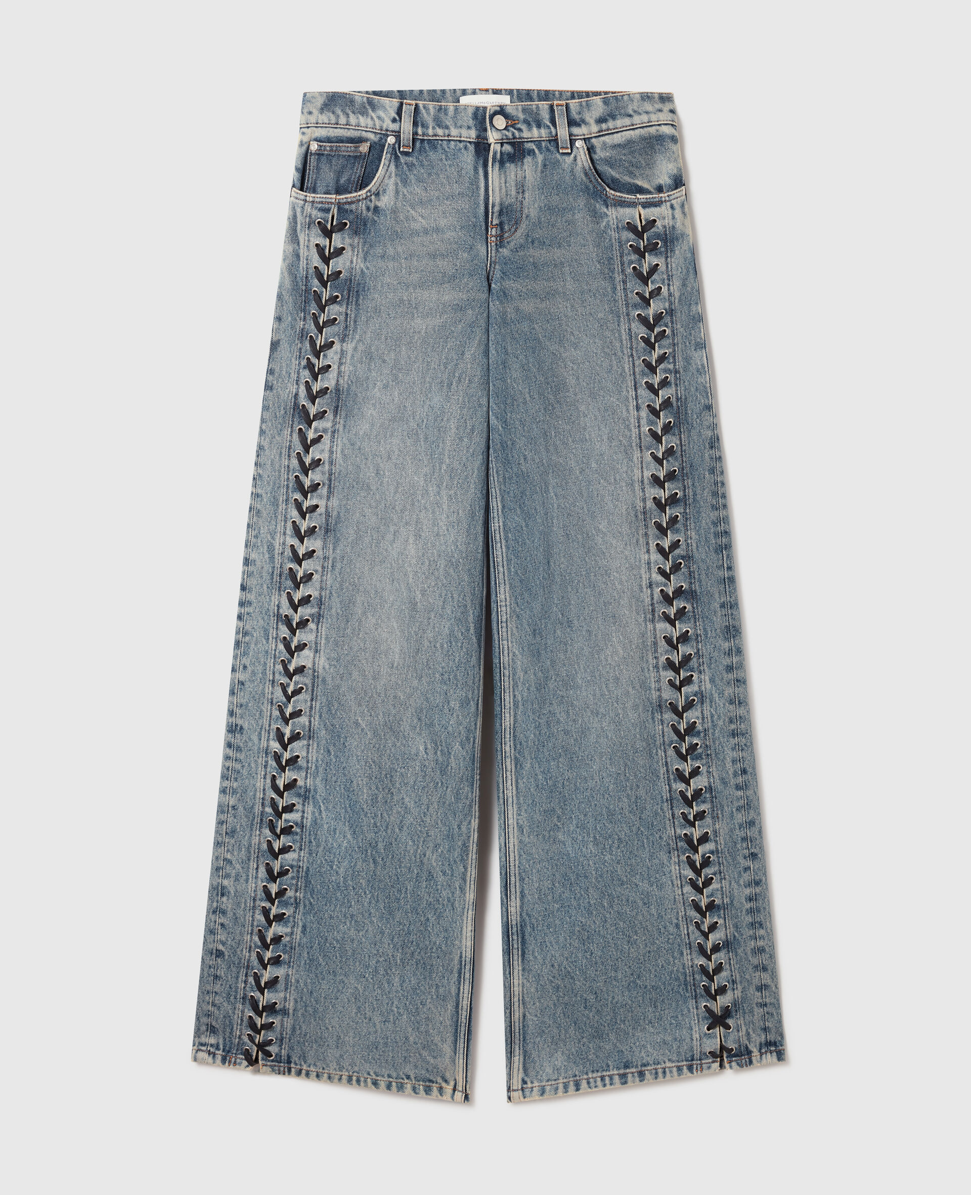 Wide-Leg Lace-Up Denim Jeans -Blue-medium