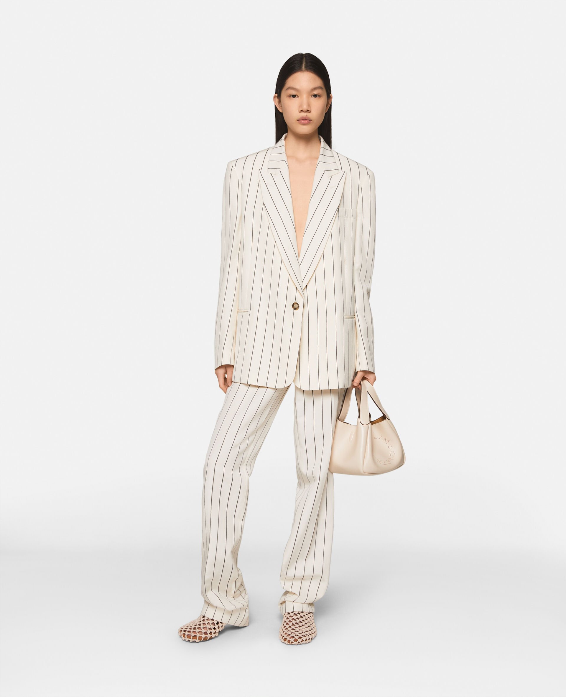 Striped Mid-Rise Straight-Leg Trousers-Brown-model