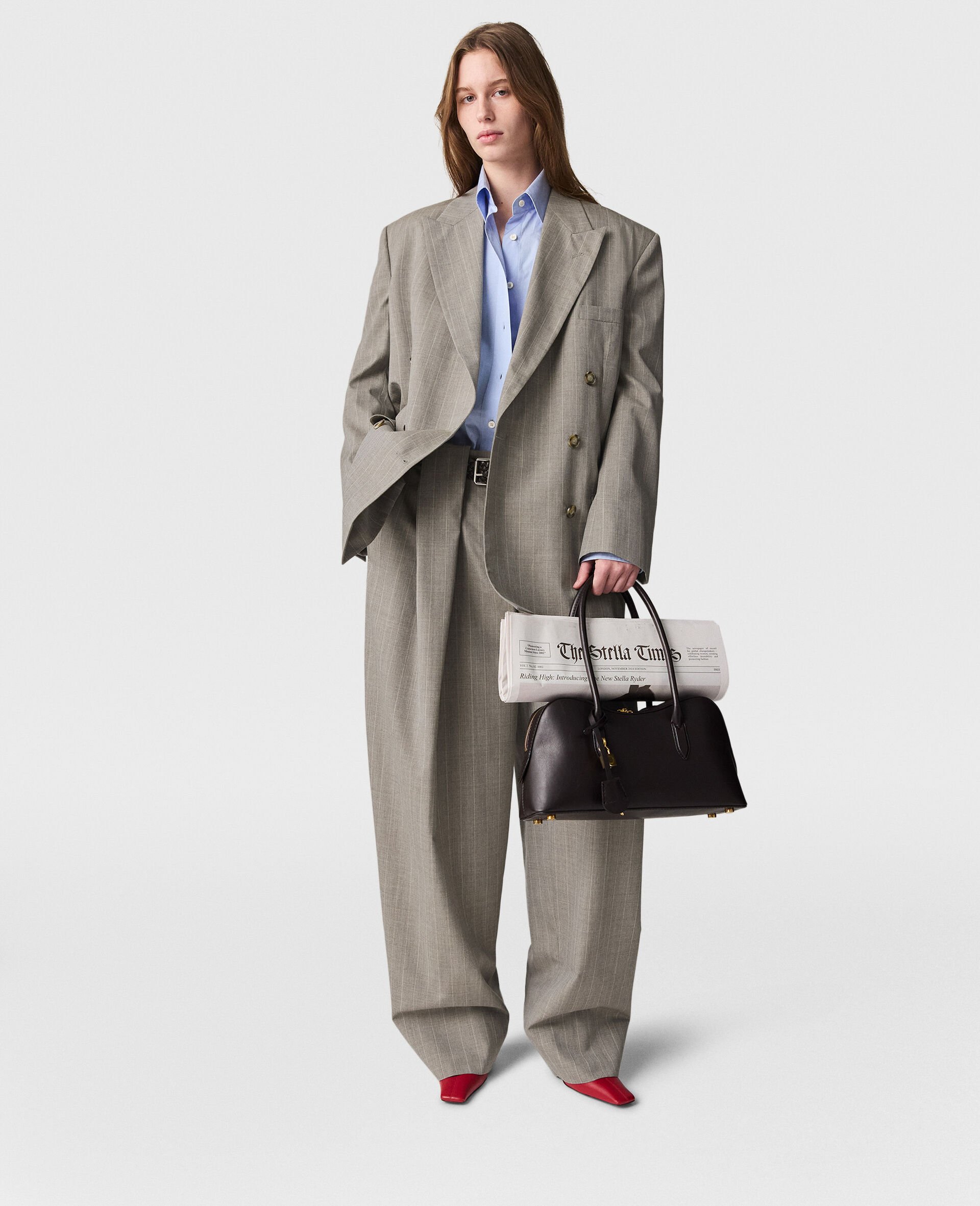 Slouchy Paneled Pinstripe Pants-Grey-model
