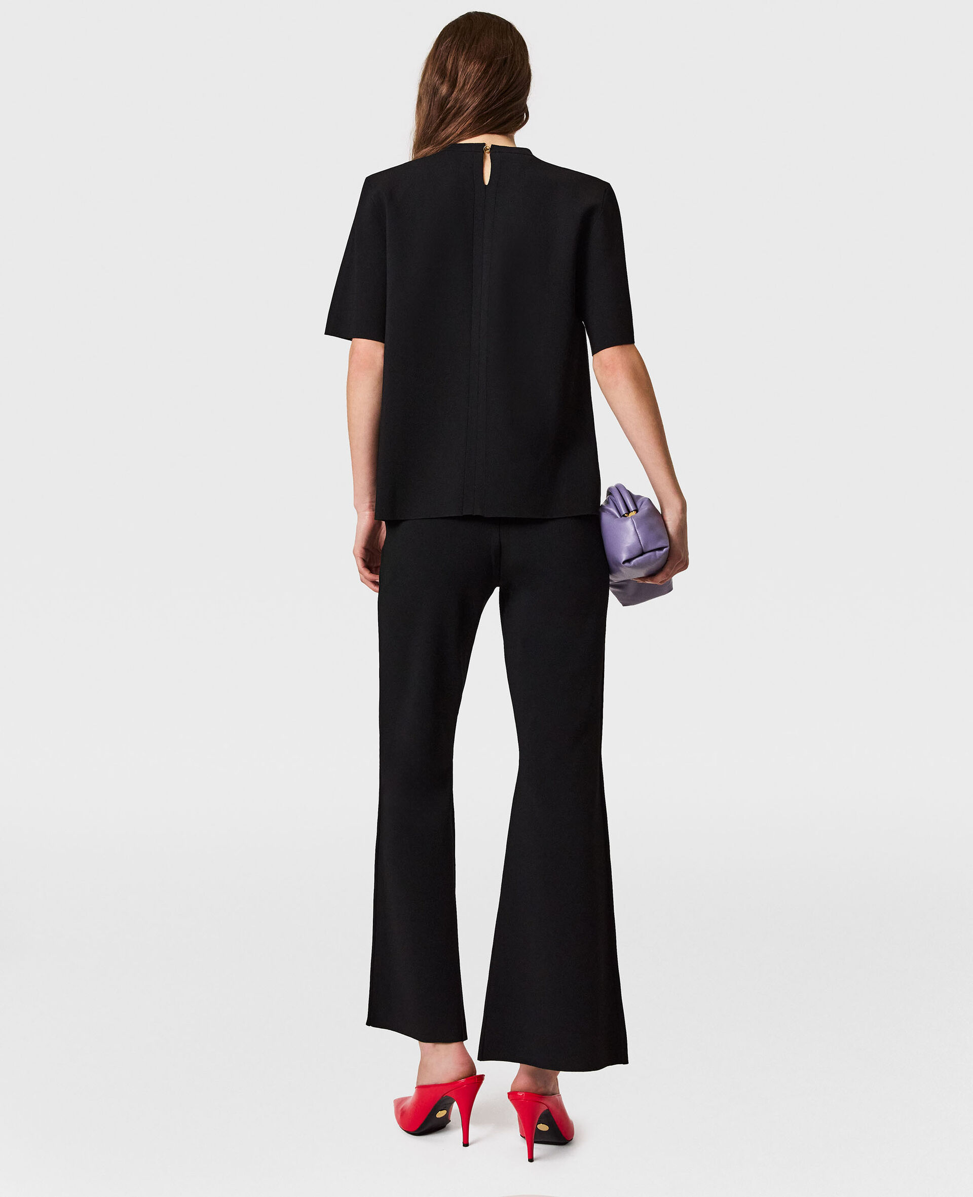 Compact Knit Flared Trousers-Black-large image number 3