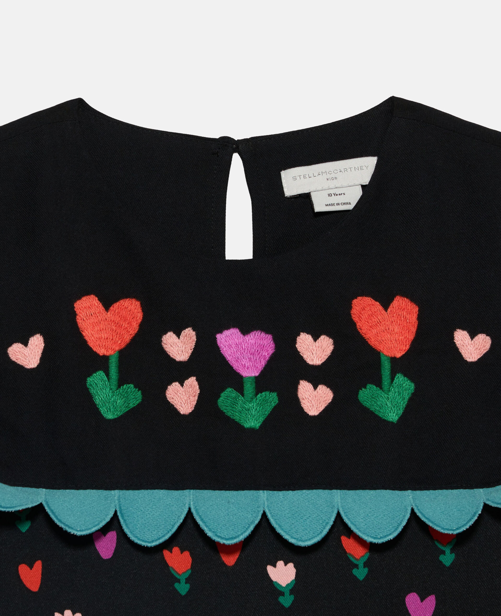 Folk Flower Print Collared Dress-Black-large image number 2